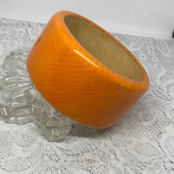 Vintage lucite and wood orange snakeskin bangle bracelet boho statement vibrant