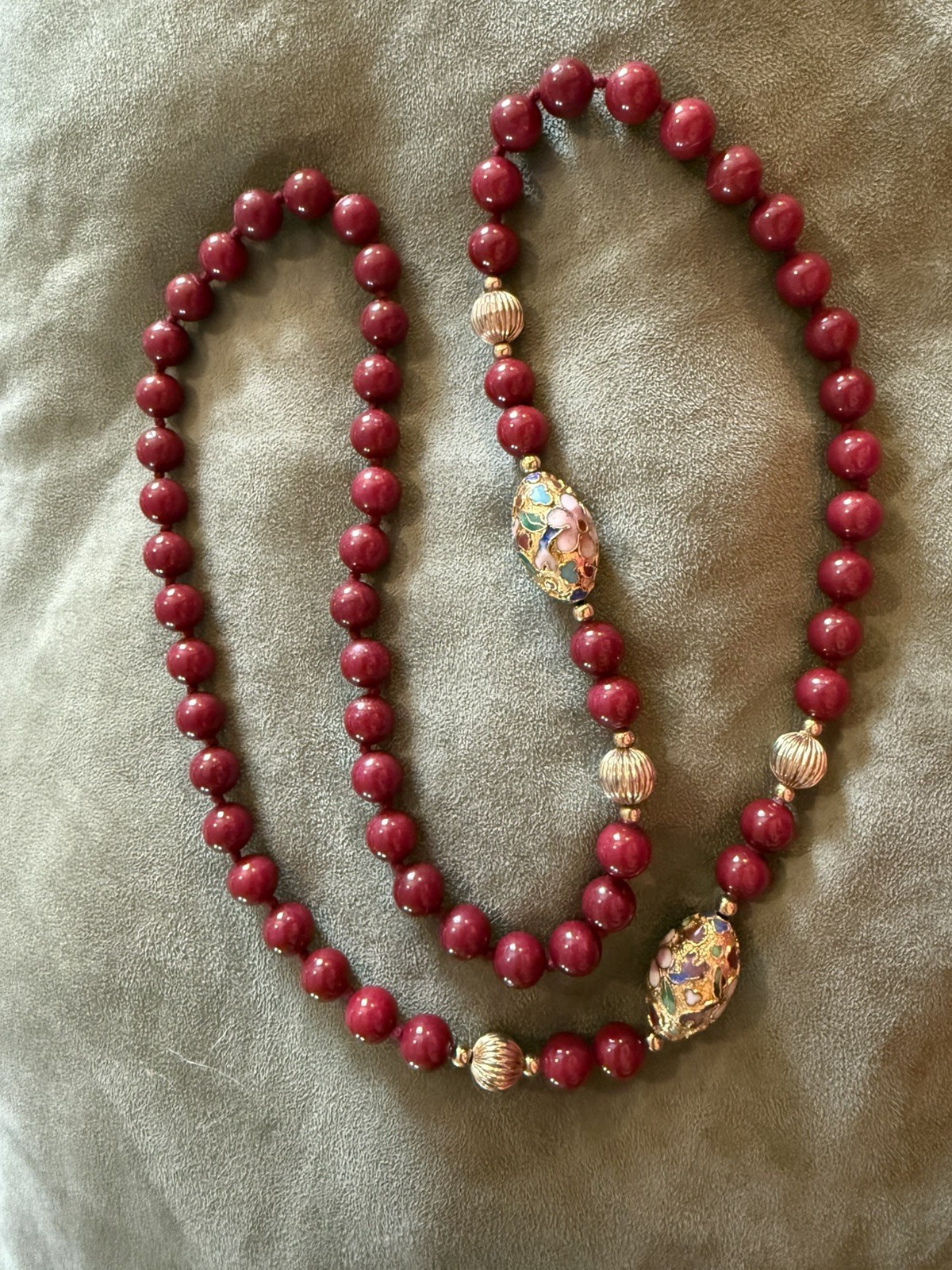 Vintage Carnelian Goldtone Cloisonné Knotted Beaded 32” Necklace