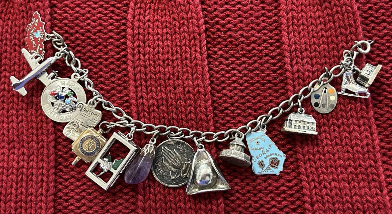 Vtg Sterling Silver Charm Bracelet w 15 Travel Buildings State Diploma UTC 47g