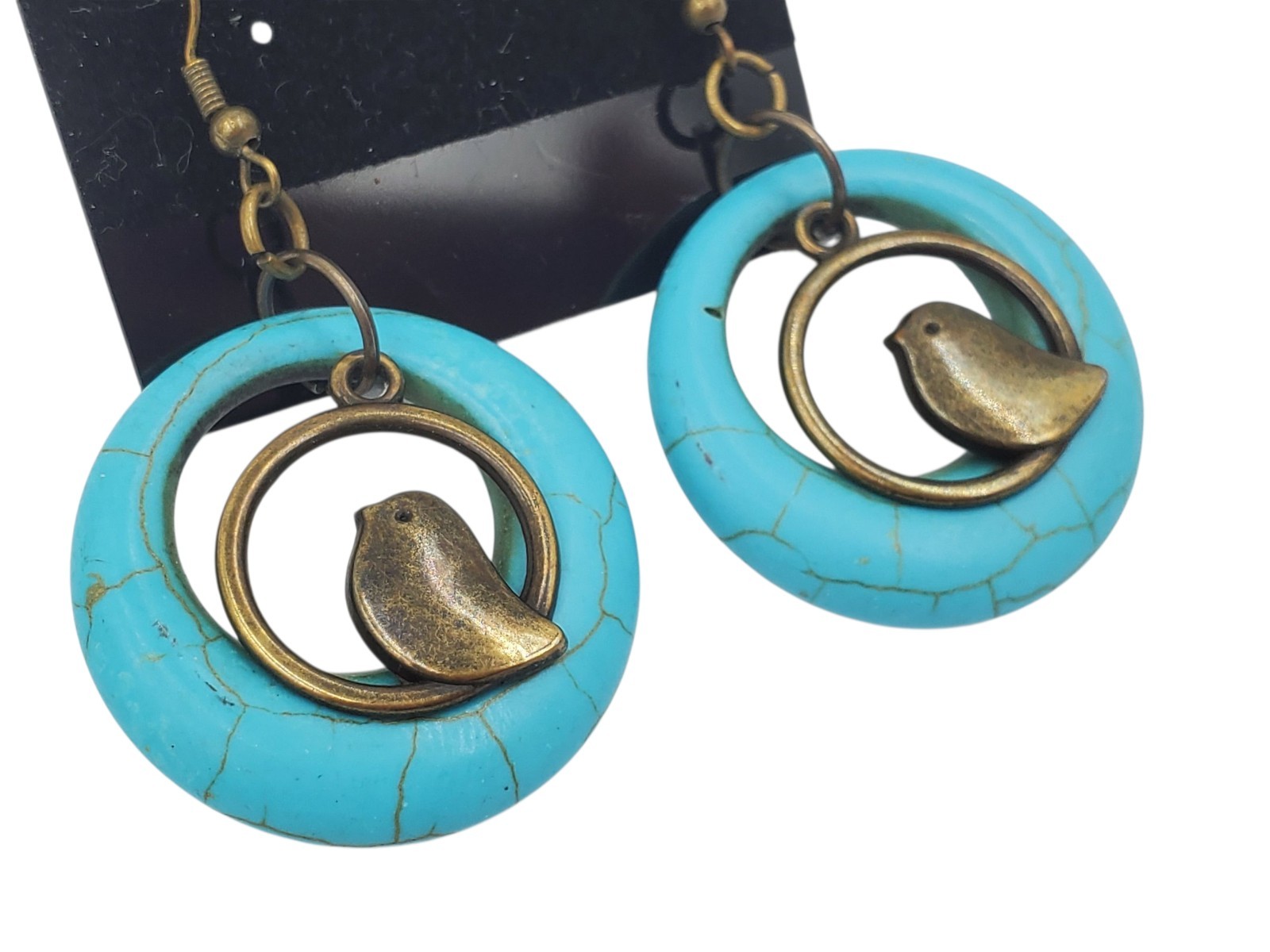 Vintage Brass and Blue Dyed Howlite Circles Dangle Bird Hook Pierced Earrings