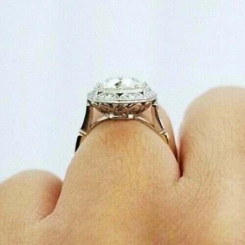 Art Deco Style Old European Cut Lab Created Diamond Anniversary 14K Gold FN Ring