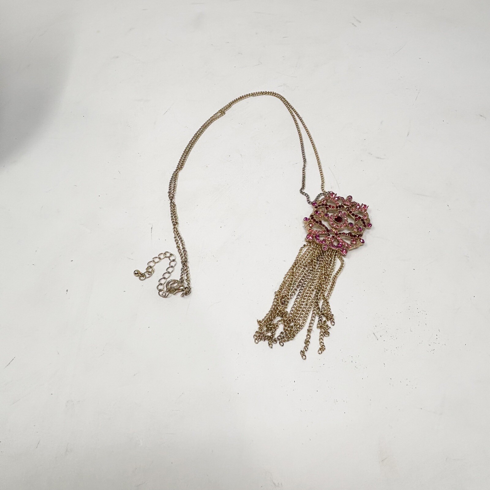 Round Entwined Pink Red Stone Filigree Necklace With Fringe Detail Up To 24”