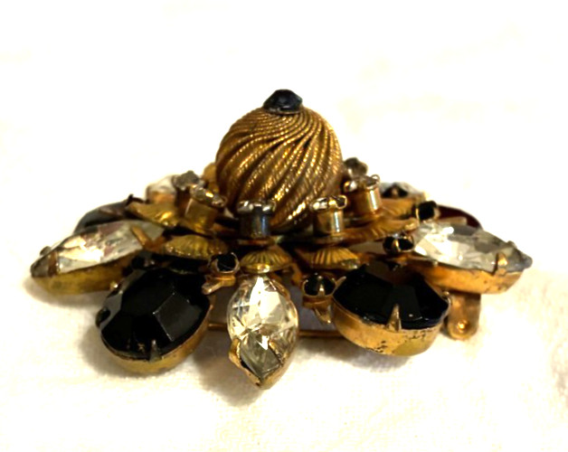 Antique Black Clear Rhinestone Facet Pin Brooch Dimensional Starburst Statement