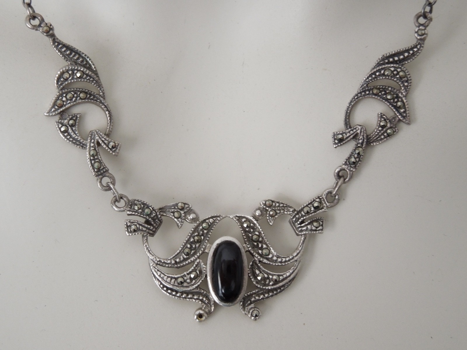 925 Silver Necklace Collar With Markasites Onyx Black Vintage 13.0 G/45 Cm