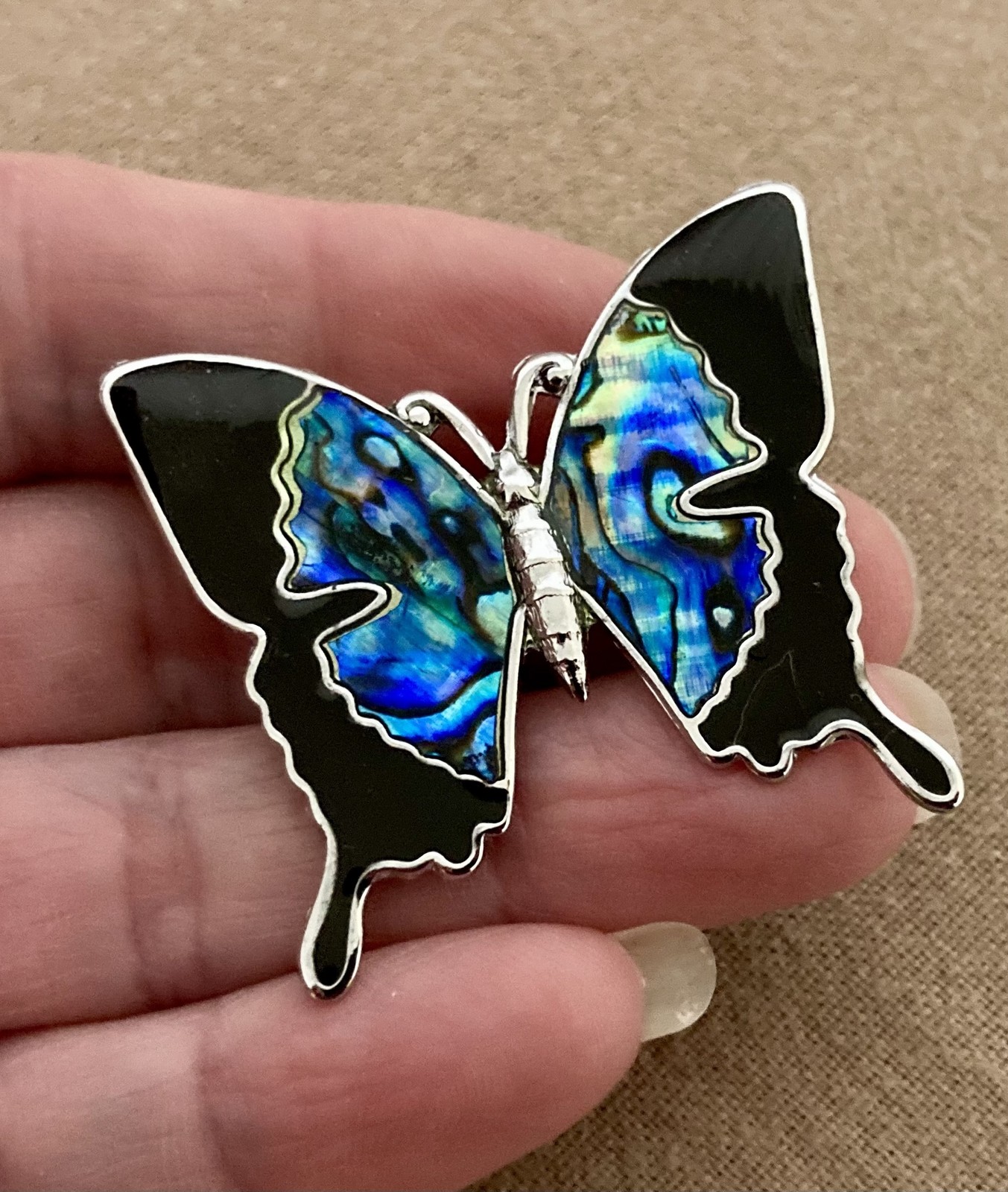 Vtg Butterfly Brooch Abalone Paua Shell Silver-Tone Black Enamel Inlay