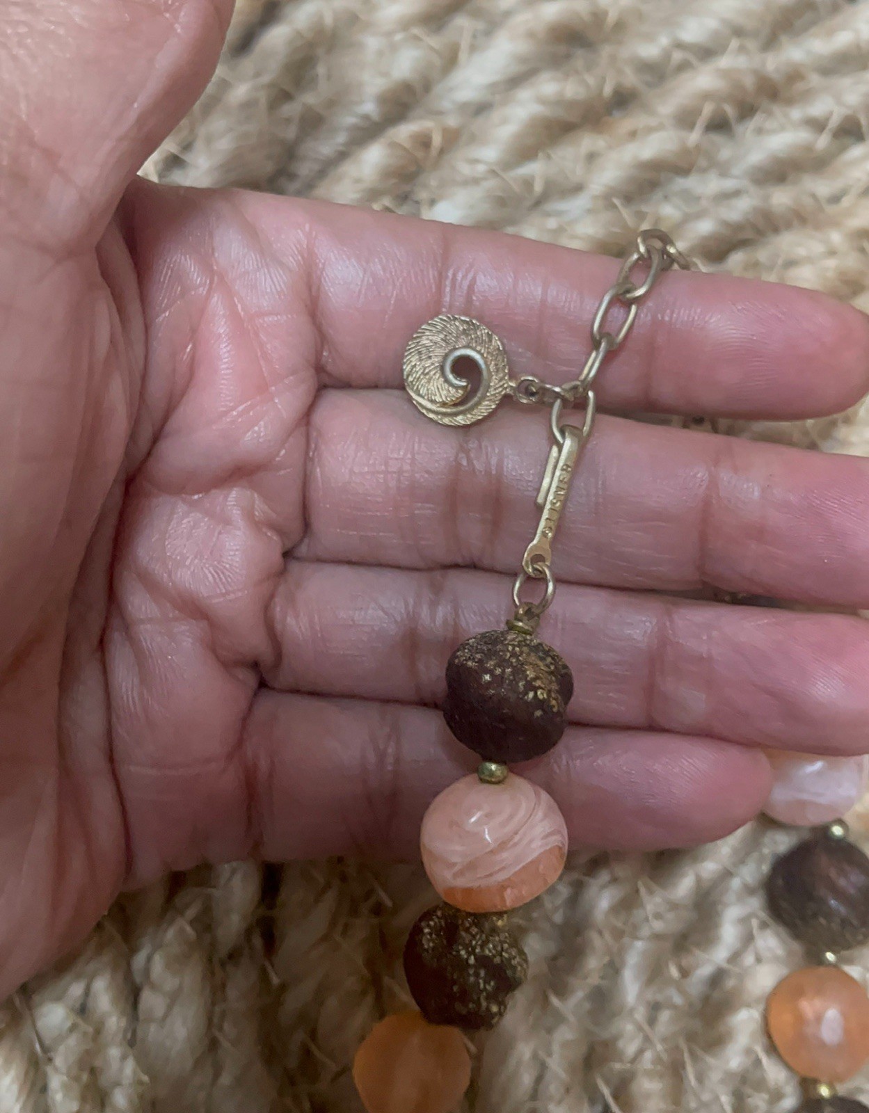 Vintage Lisner Signed Beaded Necklace Pink & Brown Swirl Resin Gold Tone 16” MCM