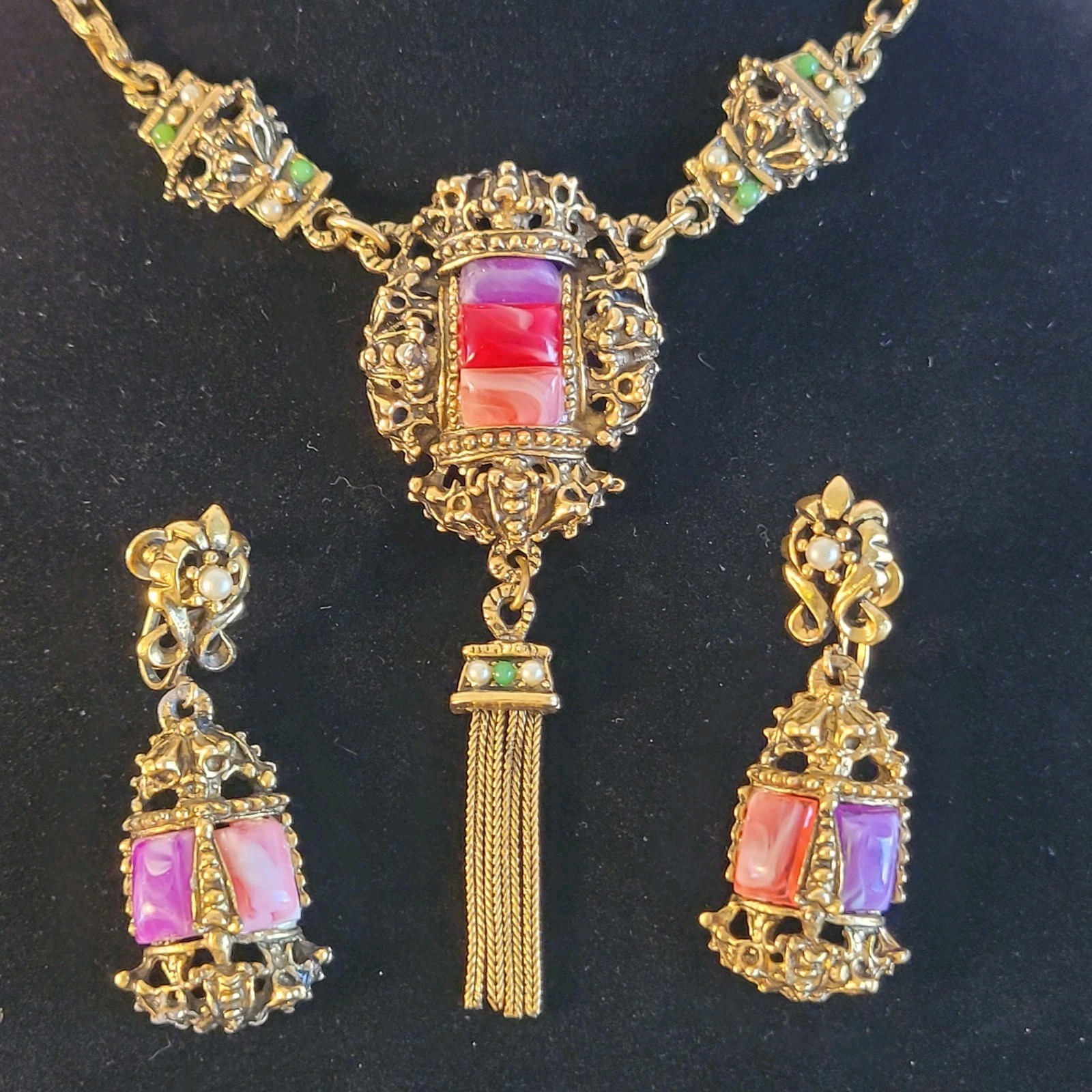 Vtg Selini Pink Purple Confetti Lucite Necklace Earring Set *Unsigned* Victorian