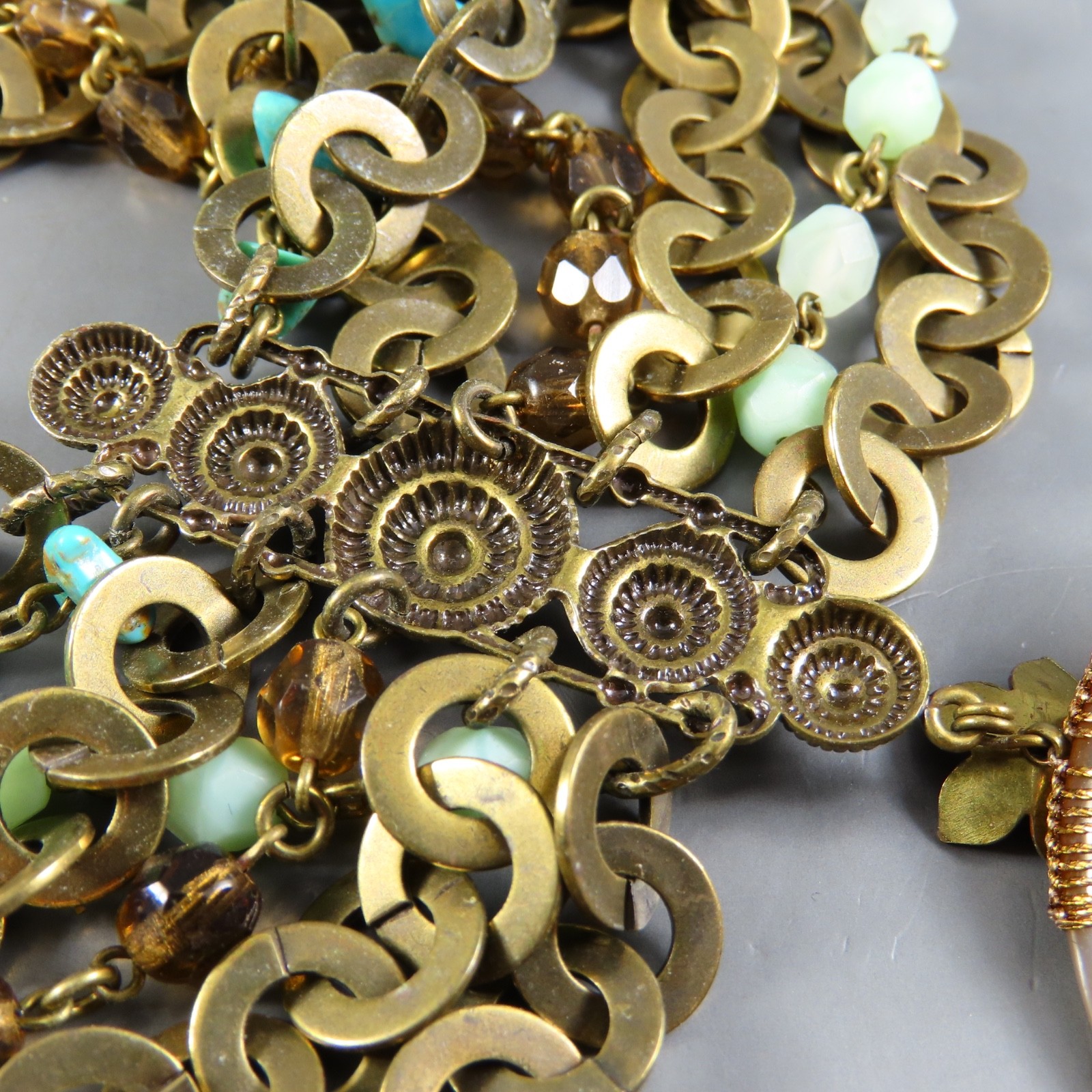 VTG Satellite Beaded Necklace BRONZE TONE Turquoise AGATE PENDANT Blue Brown