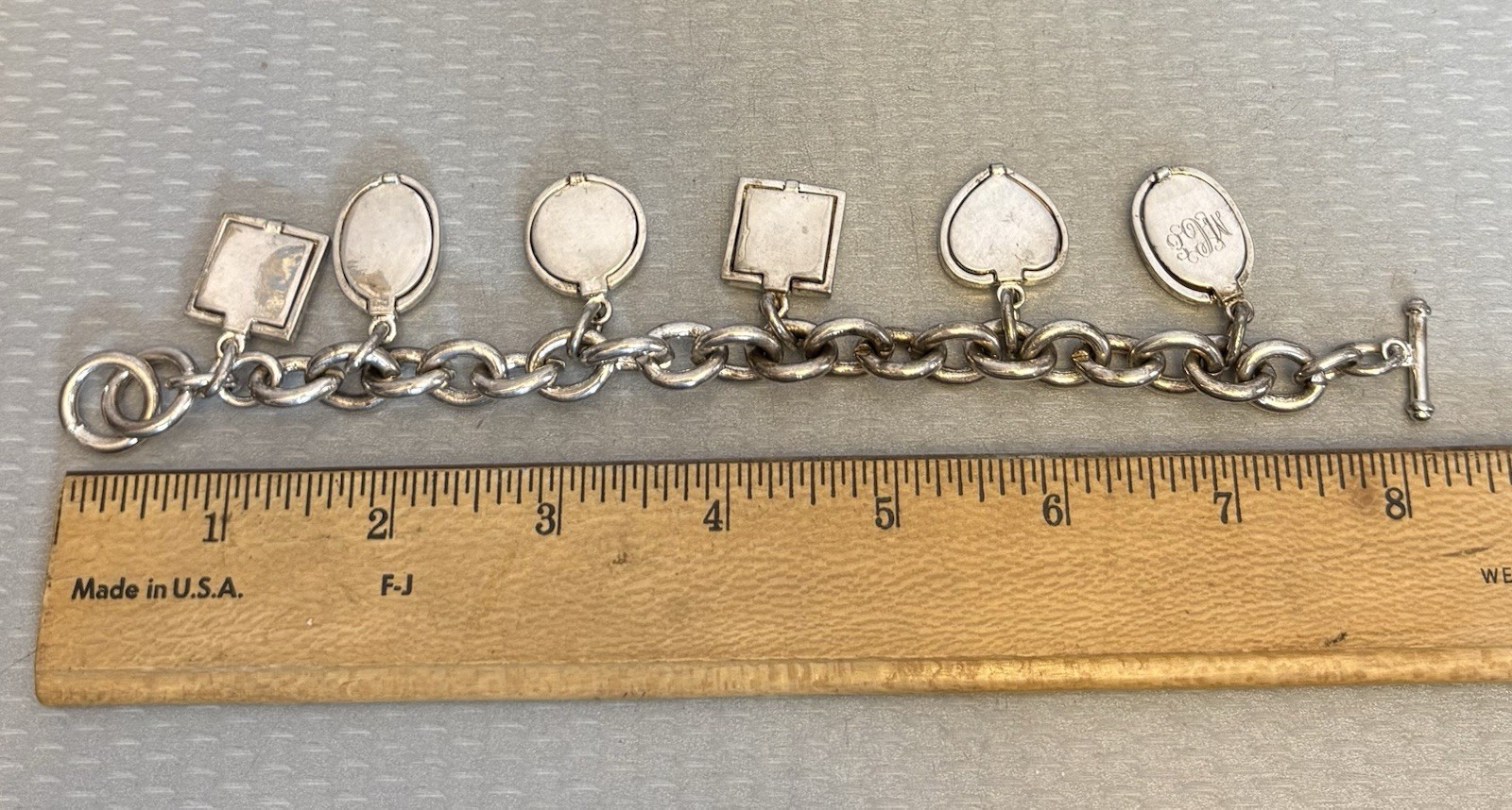 Vintage Photo Locket Charm Bracelet Silverplated Toggle 8” Heart Oval Square 6P