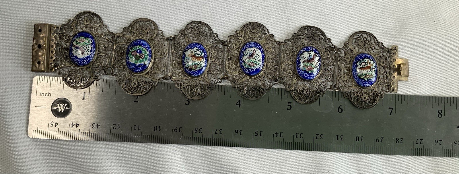 Vintage Chinese Silver Intricate Filigree Enamel Animals Plaques Story Bracelet