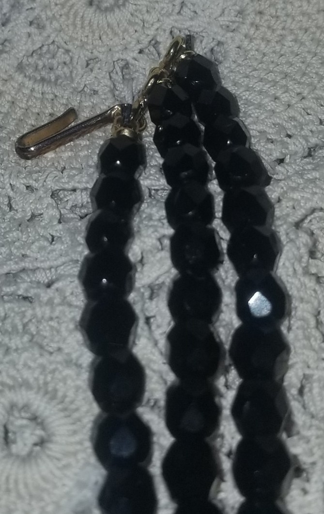 Cameo Necklace, Antique Jet Black Glass,3 Strand Choker, 16 1/2 inch, Gold Tone