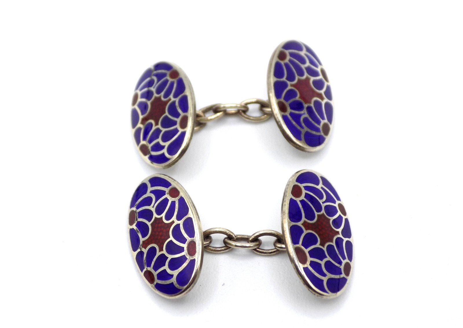 VINTAGE STERLING SILVER ENAMEL GUILLOCHE ENGLAND H & V HEWETT & VOLLER CUFFLINKS