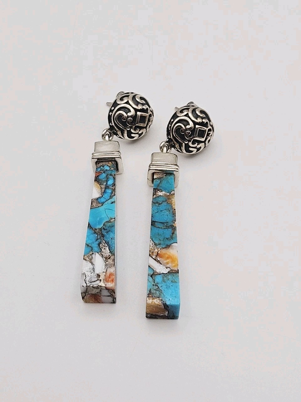 BBJ Sterling Silver Turquoise & Spiney Oyster Shell Dangle Earrings 2.20″