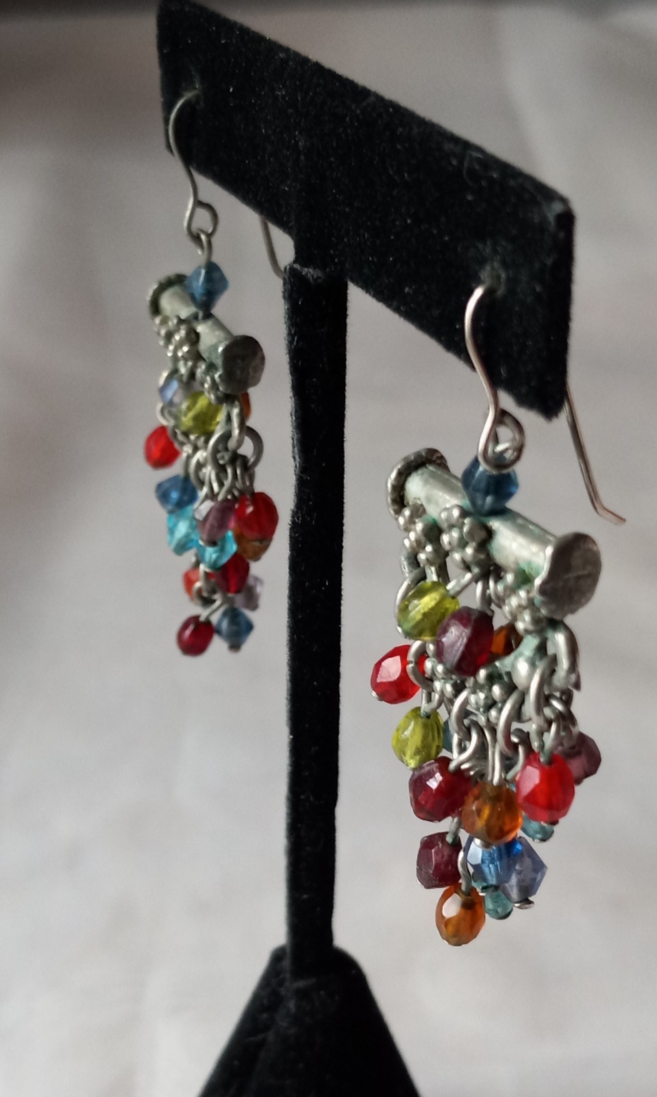 Vtg Pewter Dangling Earrings W Clustered Colorful Beads. Approximately 2″ #G