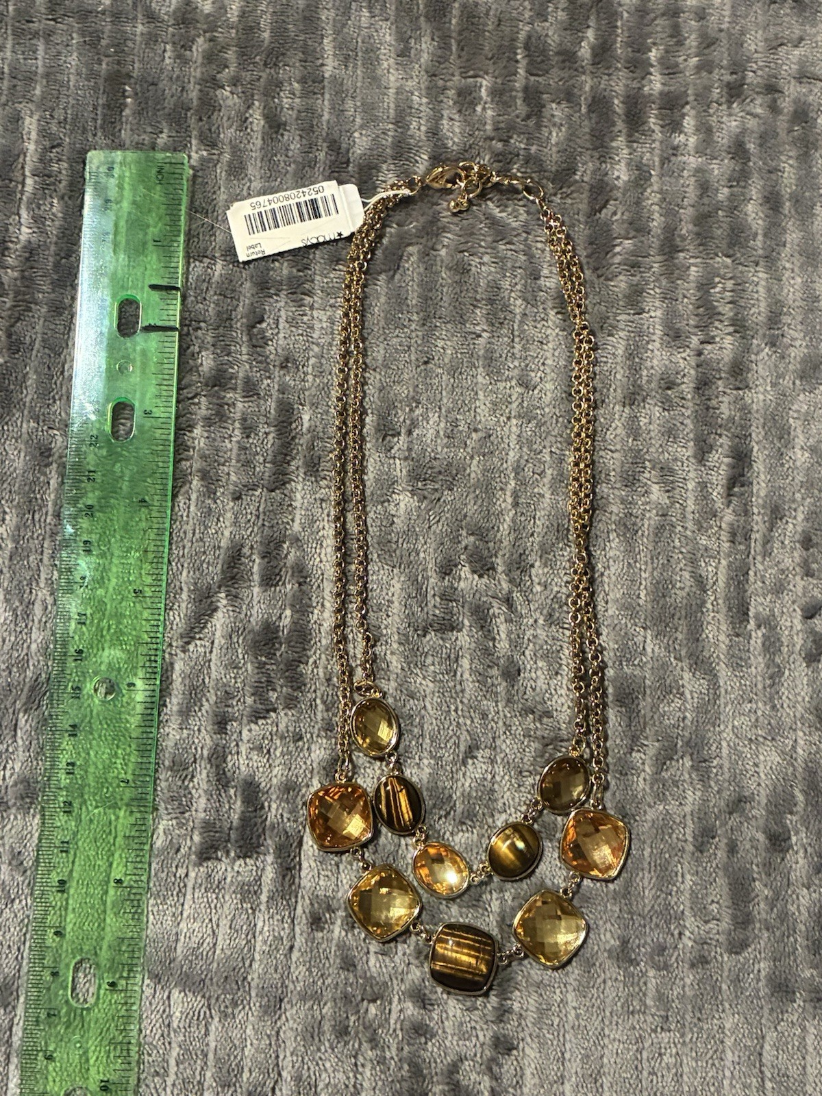 Gold Toned Tigers Eye W/yellow Stones, Double Strand Bib Necklace 18” NWT