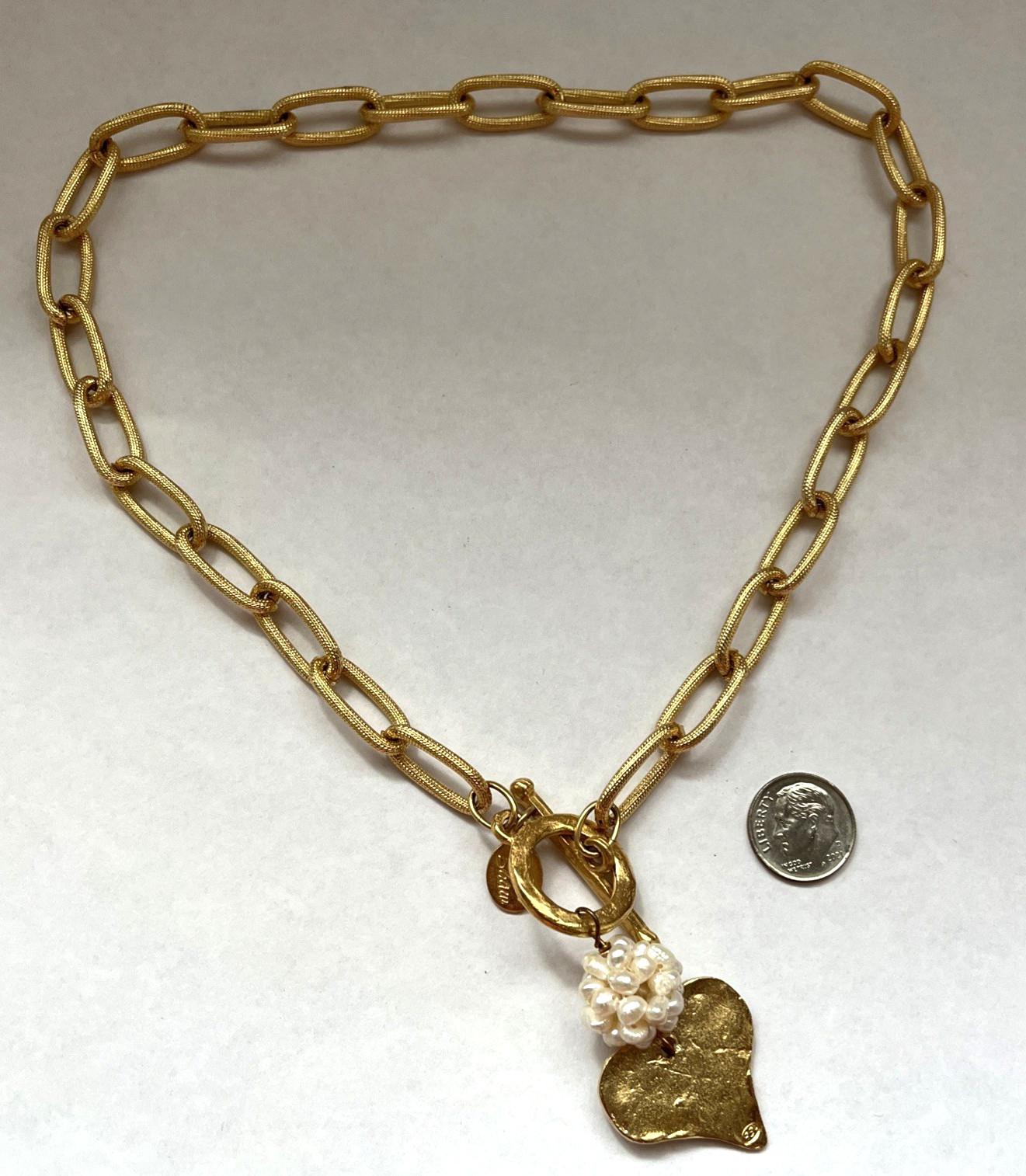 SUSAN SHAW 24K TPG Genuine Fresh Water Pearls Heart Toggle Chain Link Necklace