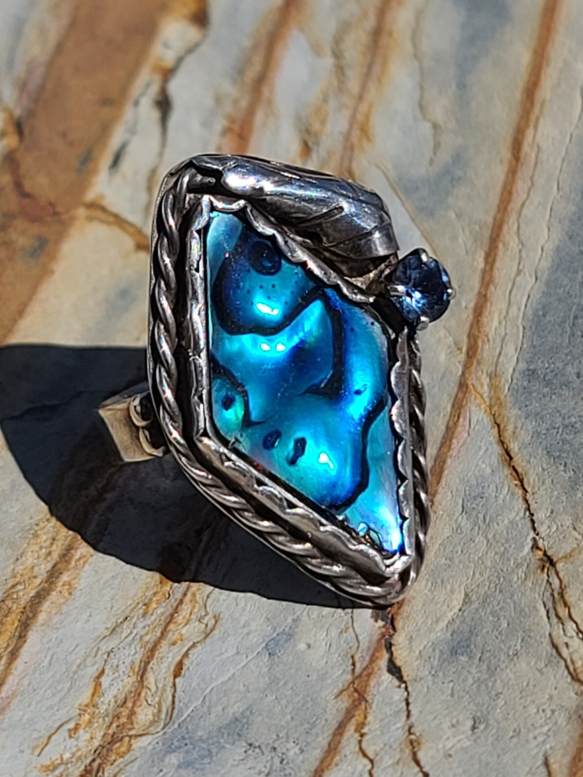 Vintage Paua Shell & Sterling Silver Ring Size 7 Leaf & Blue Rhinestone Accents