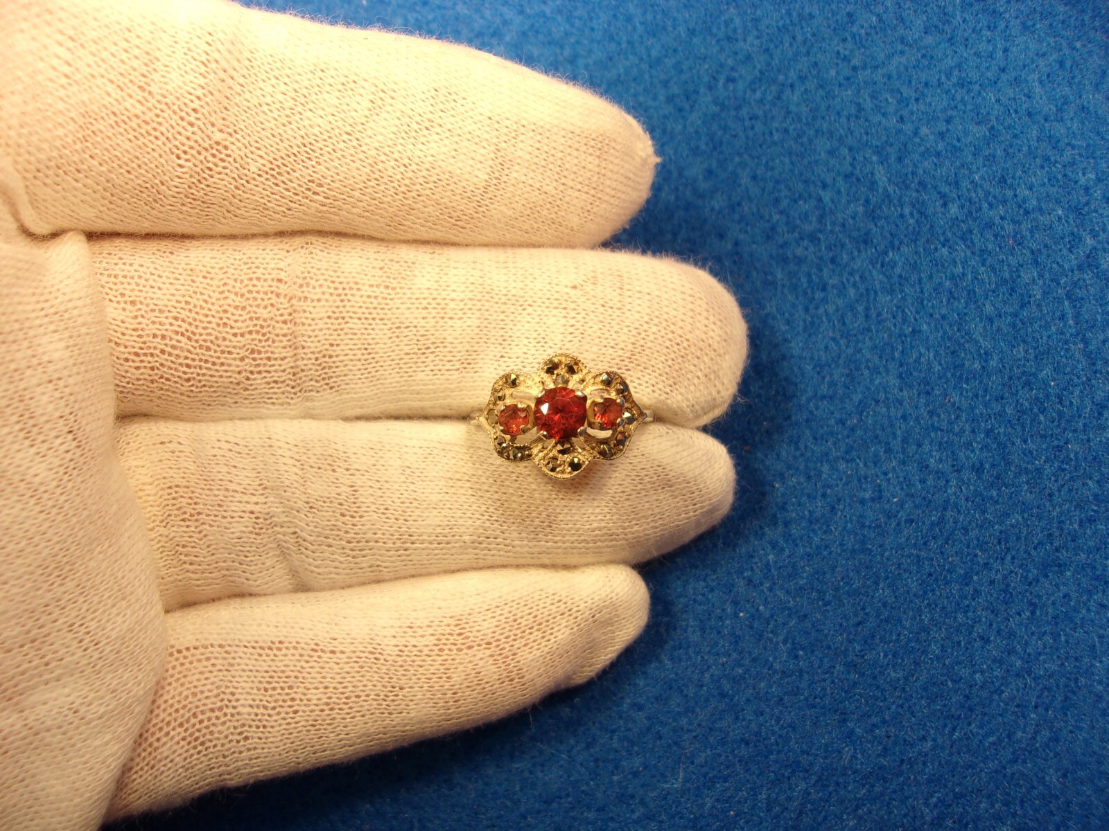 #4 of 6, SUPERB OLDER VTG LADY’S STERLING SLVER, ORANGE GARNET & MARCASITE RING