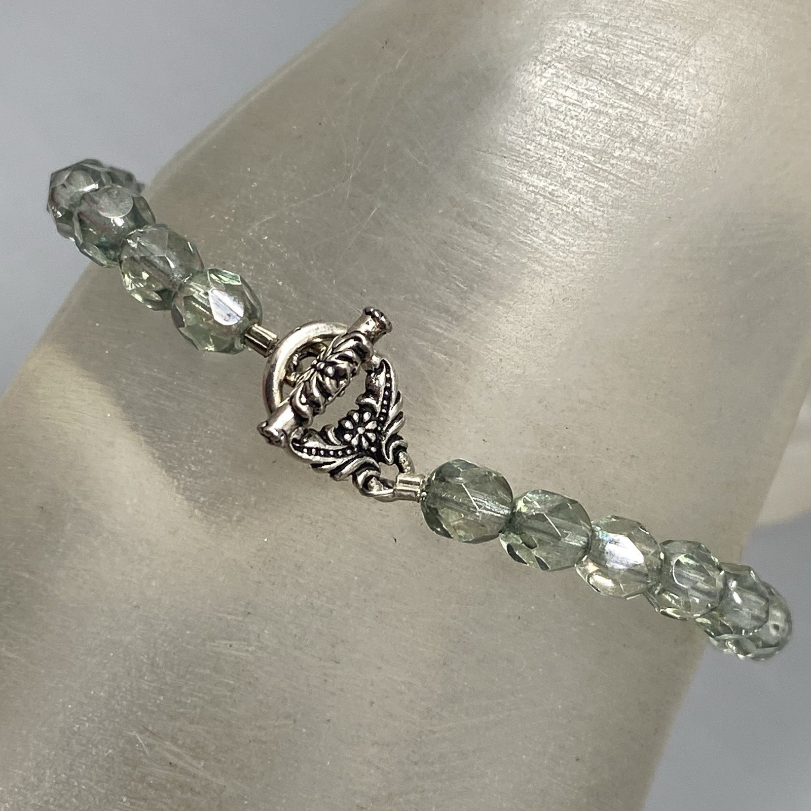 Green Hue Glass Beaded Bracelet Soft Facet Surface Coated Fire Polished 6.75″