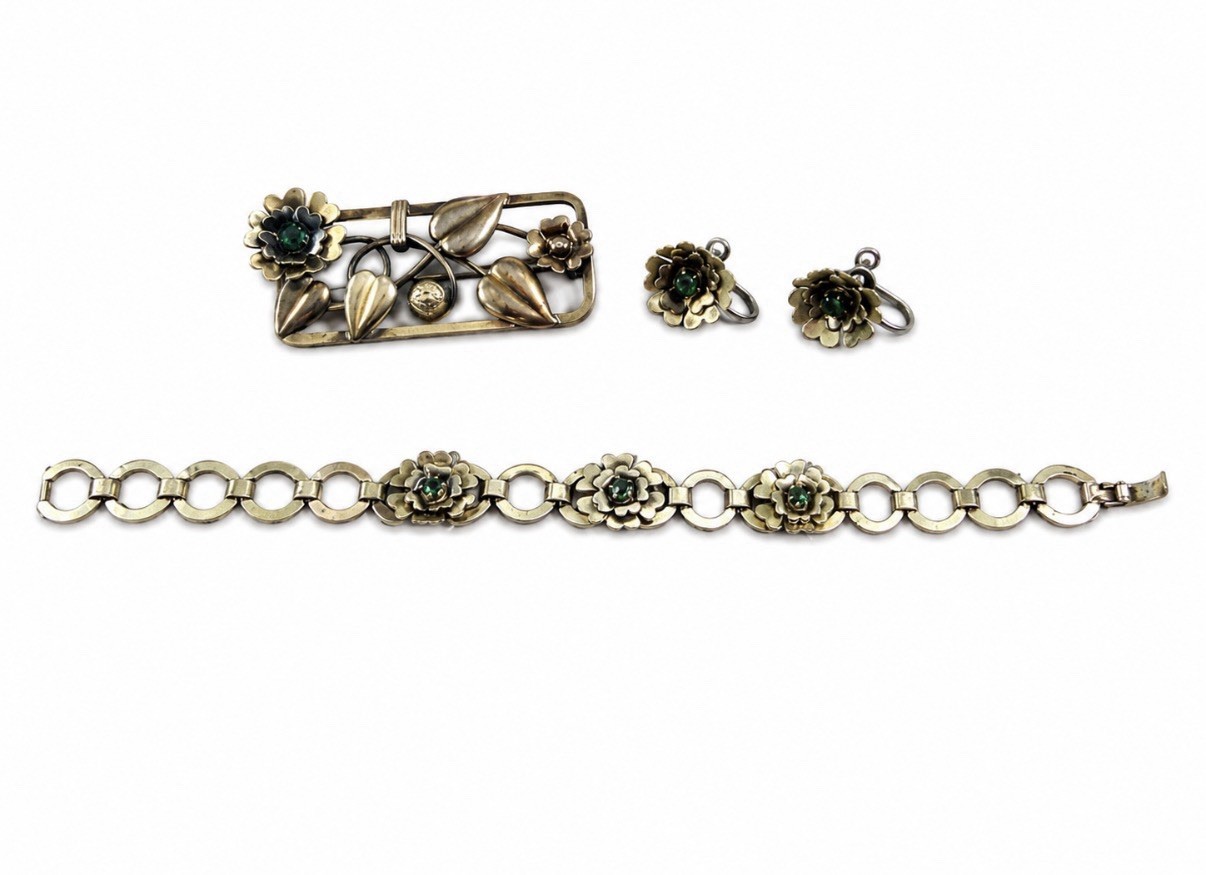Vintage L.S.CO 1/20 12K GF Floral Jewelry Set Brooch Bracelet Earrings