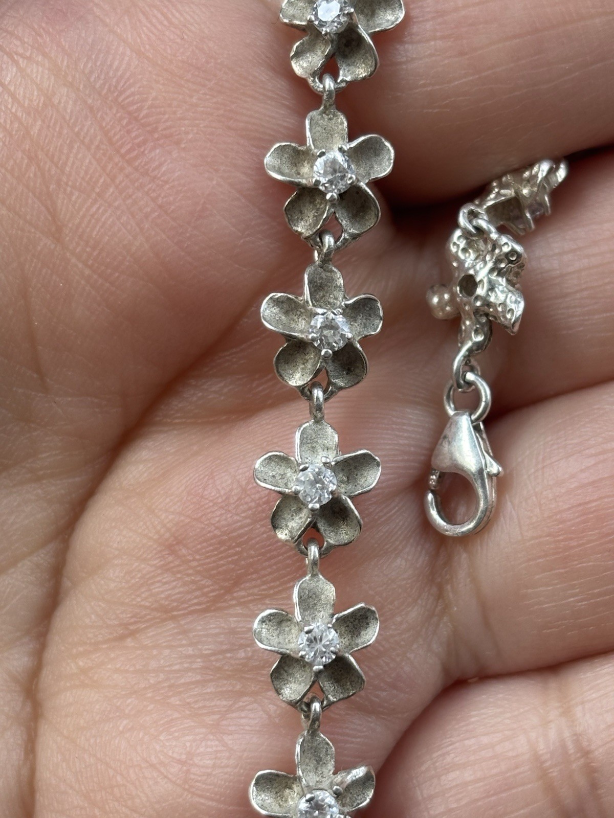 Vintage 925 Sterling Silver CZ Flower Bracelet 7.75” Floral Daisy Link