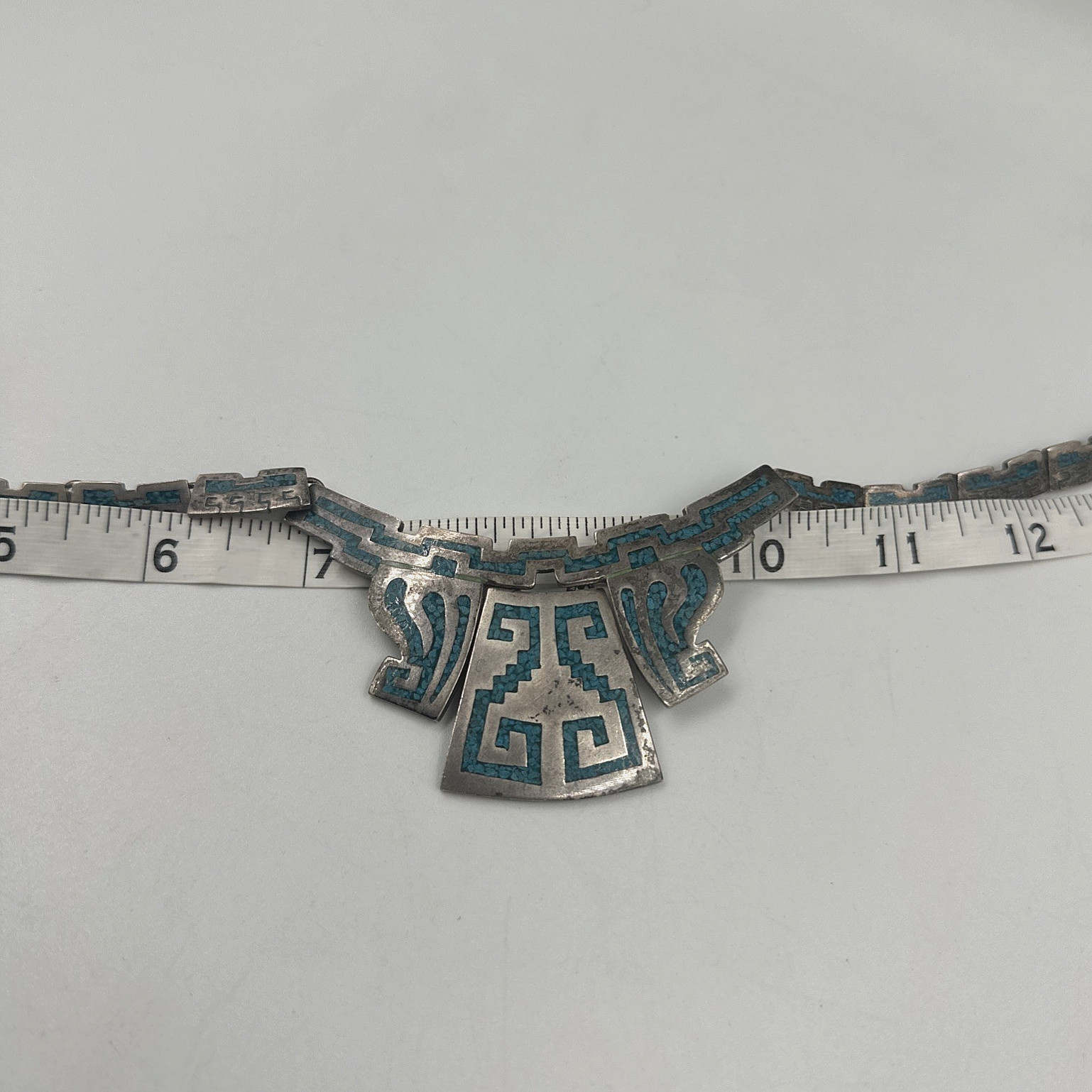 Vtg Taxco Sterling Turquoise Chip Inlay Panel Necklace 16.5″ 91.5g Signed PVB