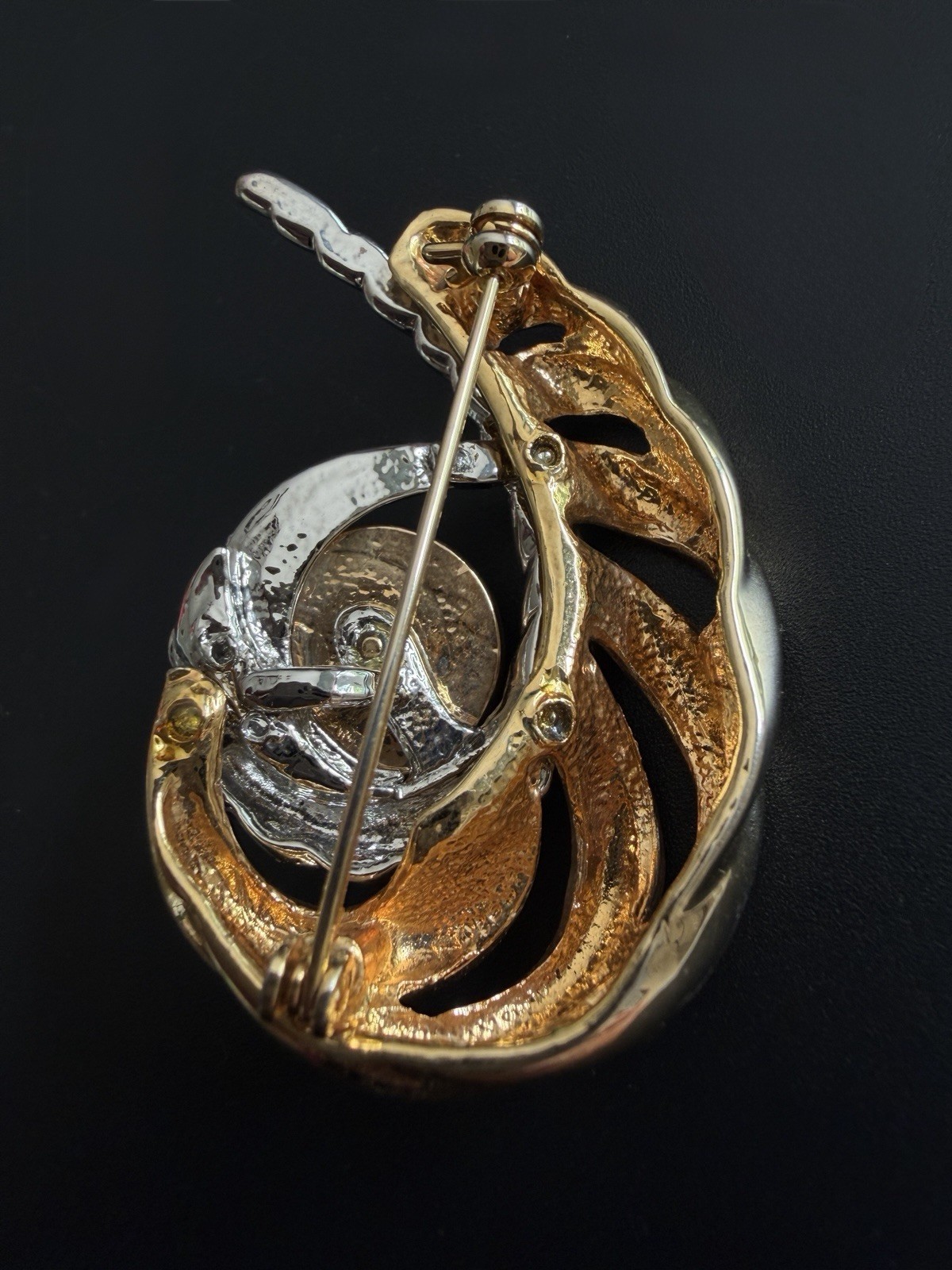 Peacock Faux Mabe Pearl Brooch Two Tone Gold Silver Swirl Ribbon Statement