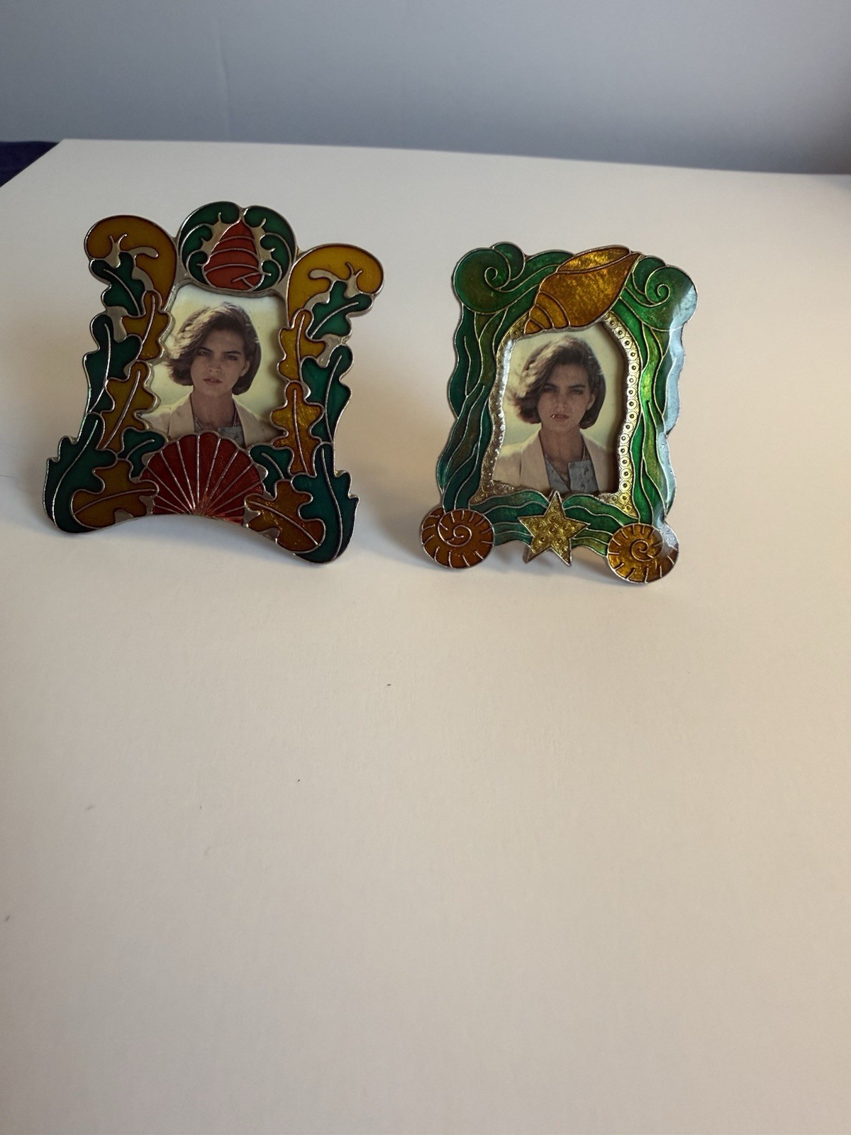 Vintage Cloisonne Enamel Portrait Photo Frame Brooch Pin Lot of 2 Art Nouveau