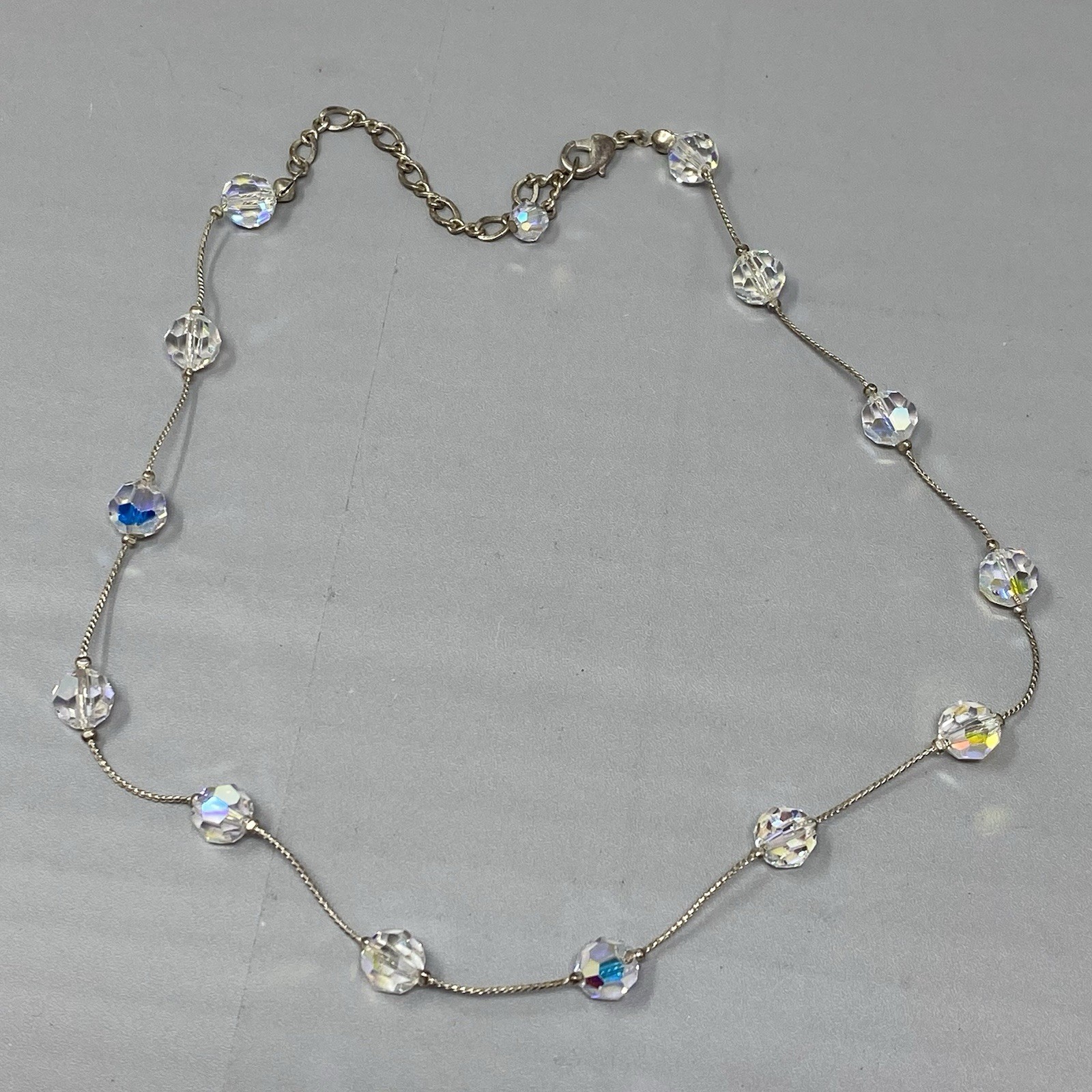 Aurora Borealis Crystal Bead Necklace Faceted Glass Silver Tone Chain Collar 18″