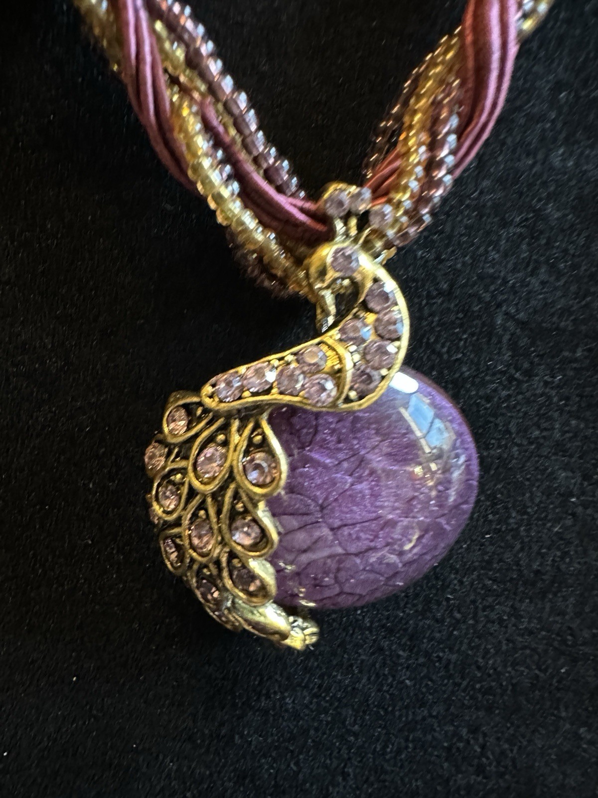 Beautiful Vintage Peacock Pendant Necklace In Purple and Gold Tones 20” Long