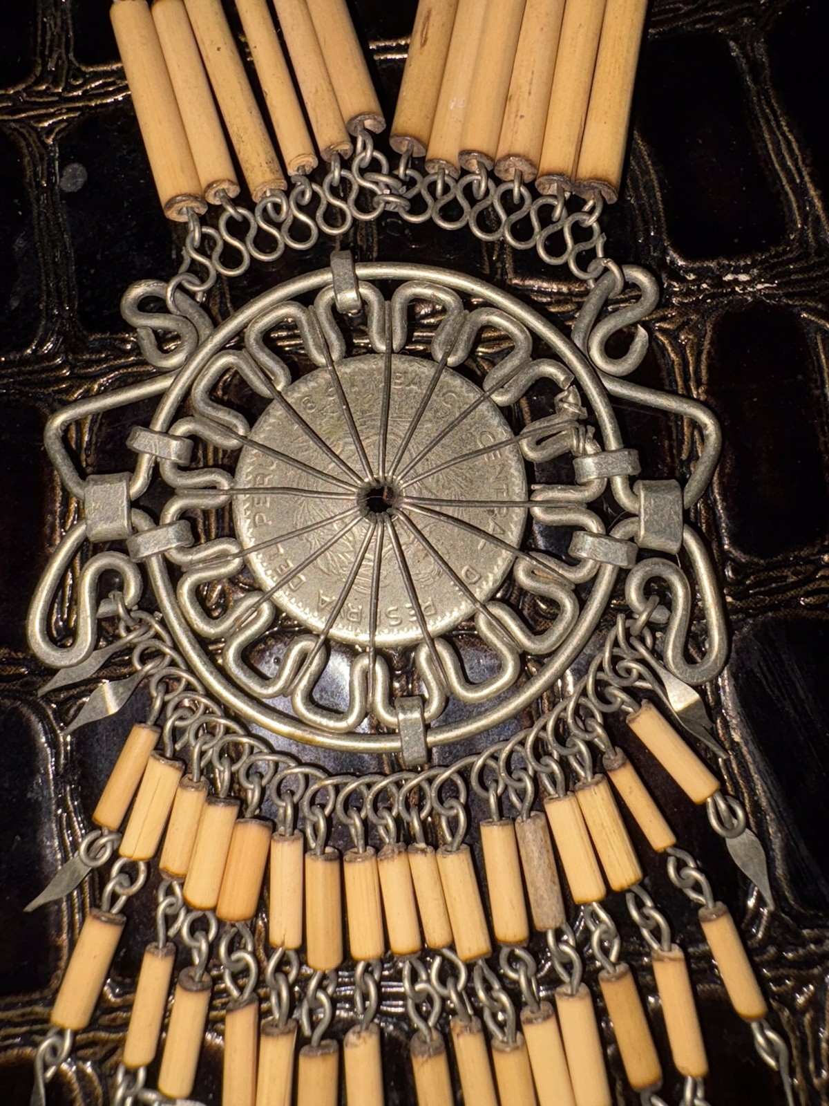 Vintage Peruvian Bamboo Hand-Wired MIGUEL GRAU Coin & Metalwork Tassel Necklace