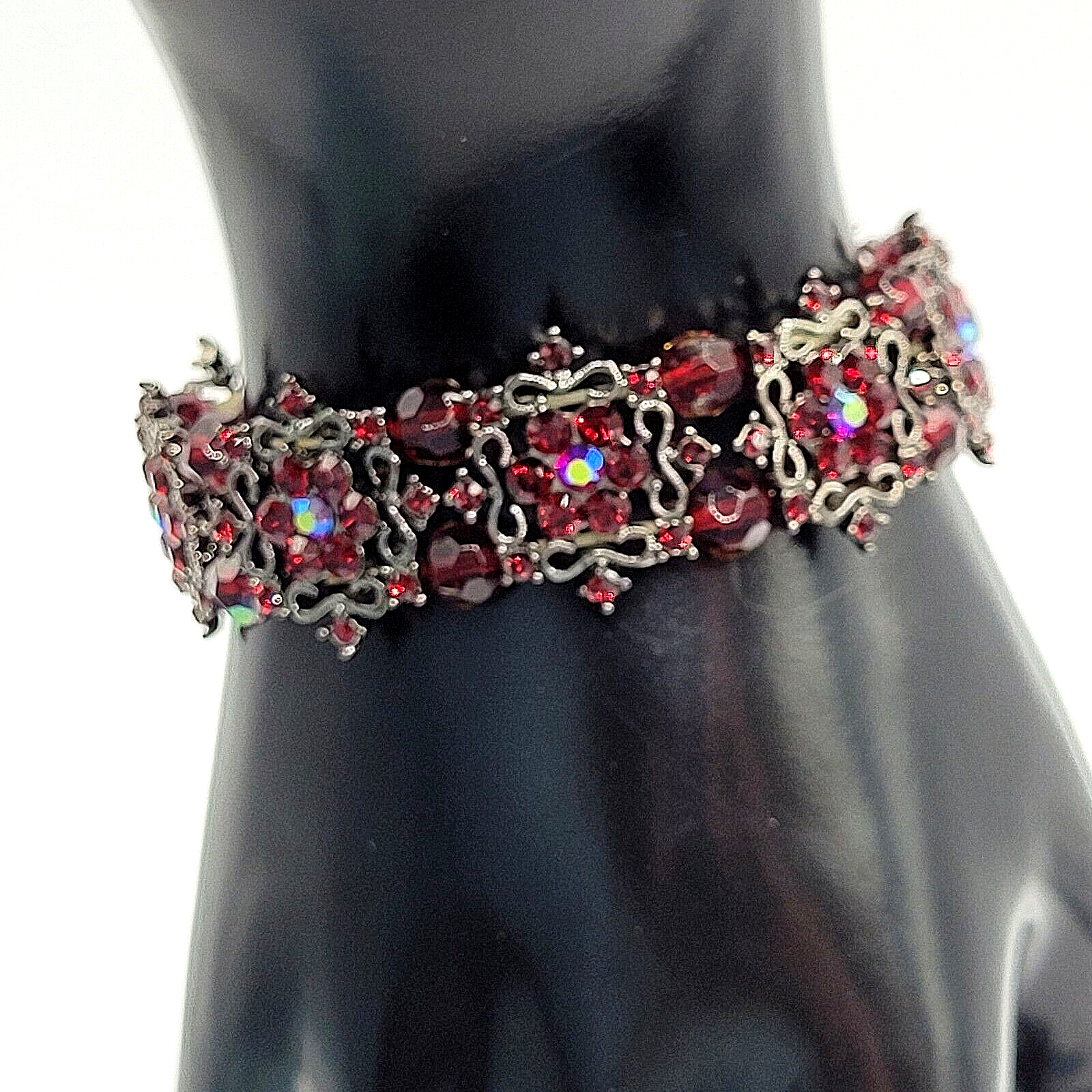 Red AB Crystal Sparkle Flower Floral Metal Ornate Fancy Event Stretch Bracelet