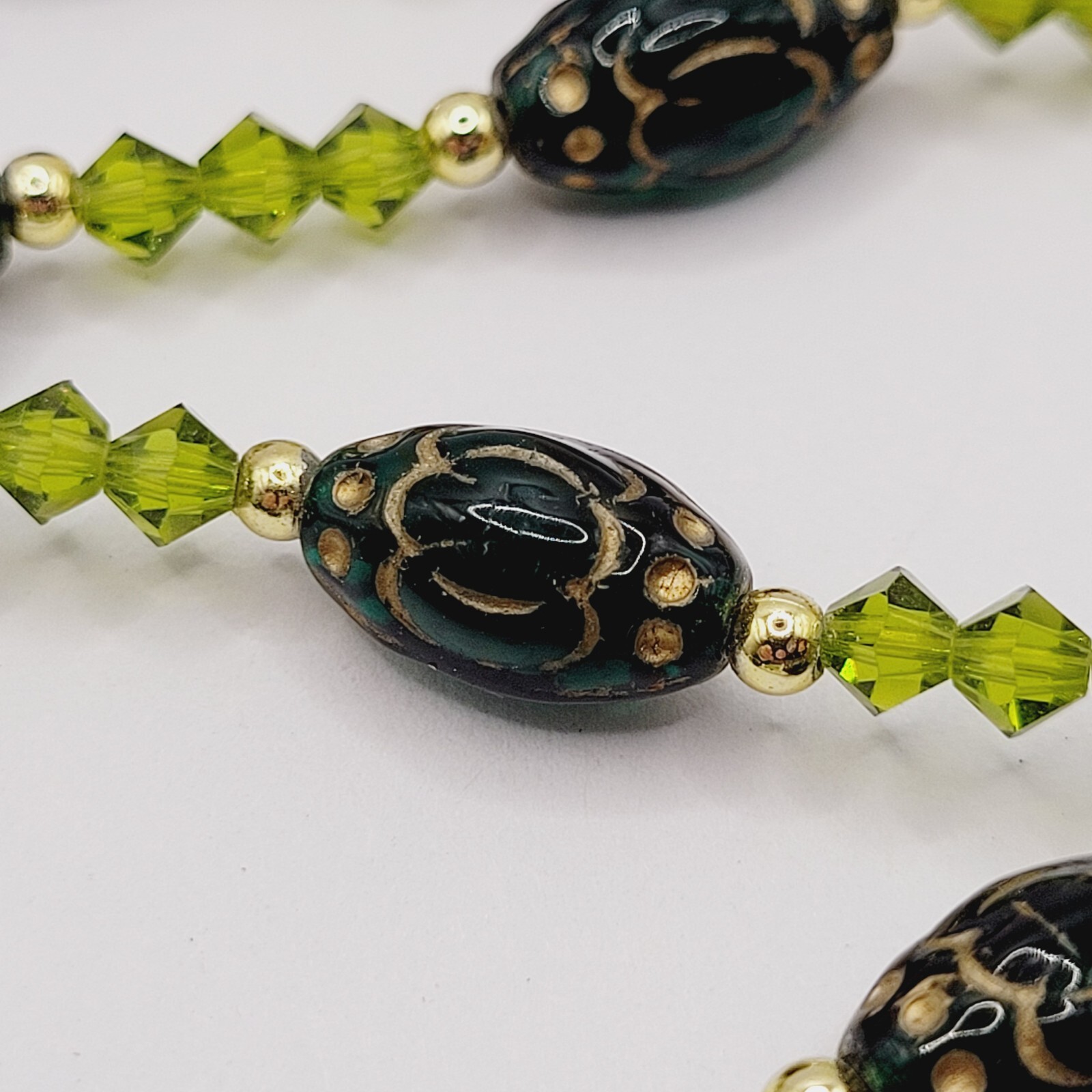 Green Art Glass Crystal Vintage Necklace Light & Dark Green Shades Gilded Beads