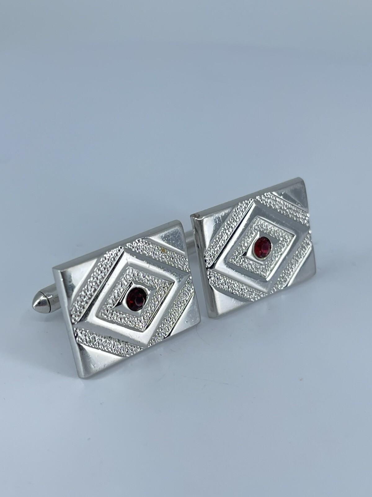 Swank rectangle cufflinks red rhinestone brushed polished silver tone