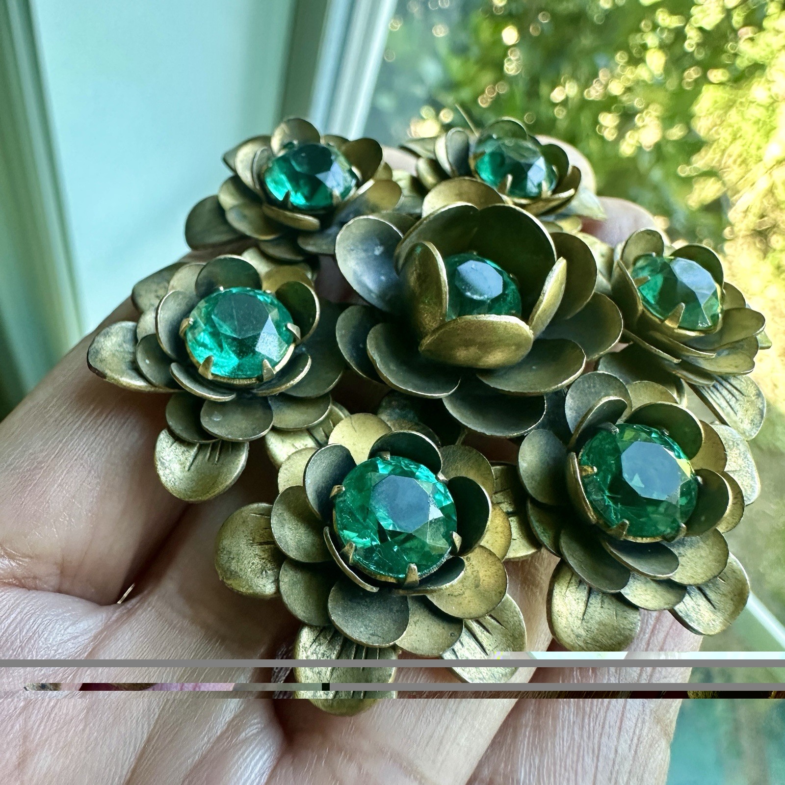 Vintage Flowers Brooch 2.4 Inch Green Crystal Multi Layered Antique Gold MCM
