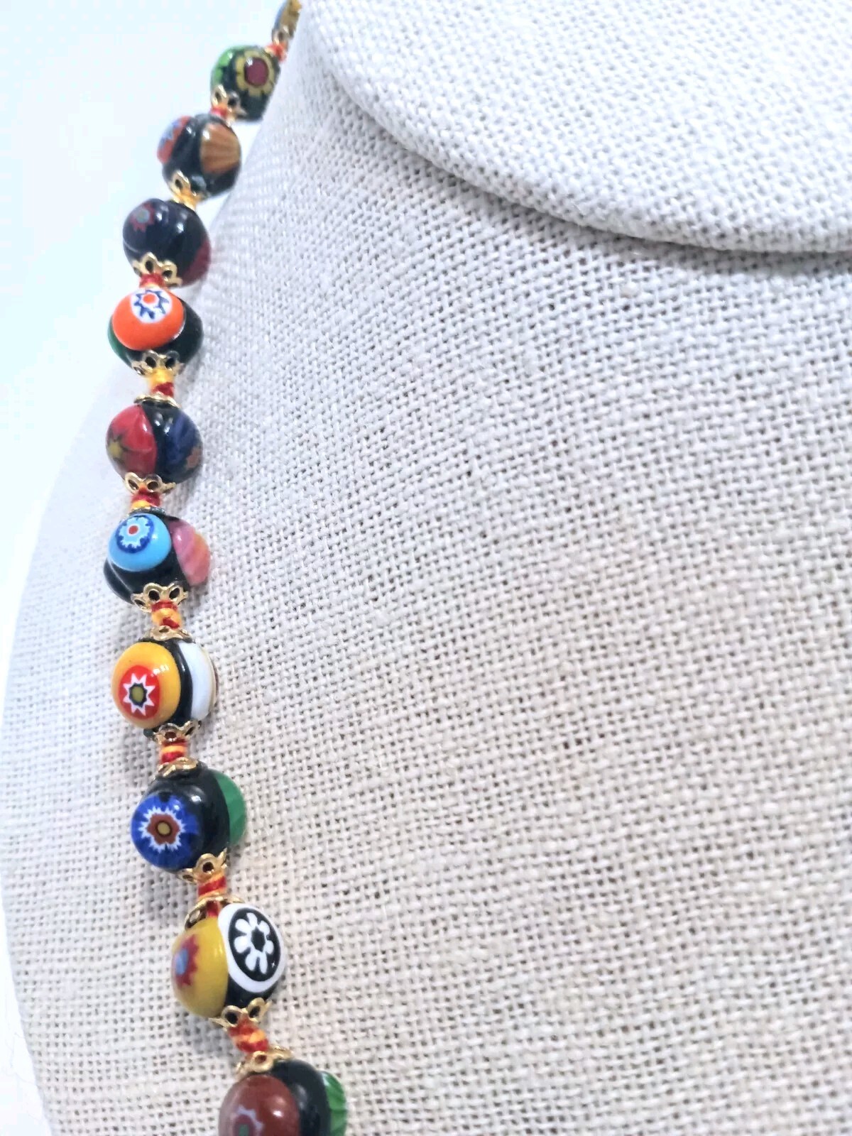 Beaded Necklace Millefiori Multi Color Glass 20″ Strand 1920’s Fish Hook Clasp
