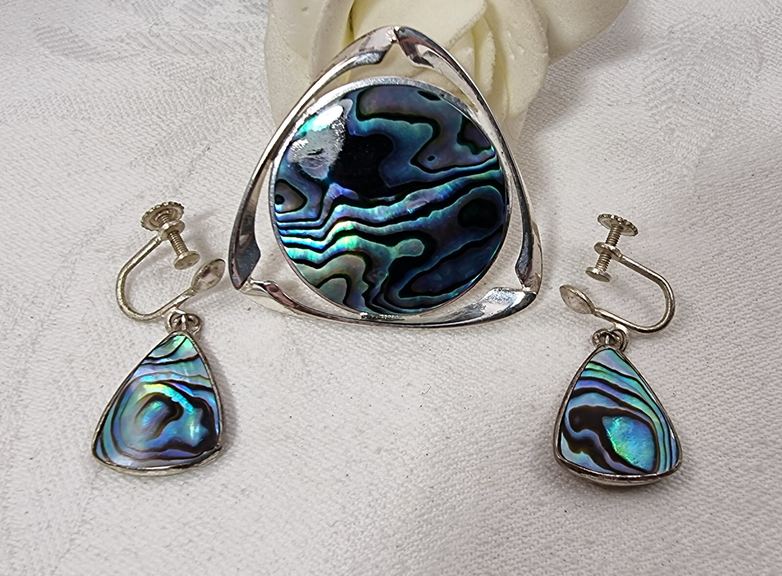 Vintage NZ Ataahua Bee Mark Paua Shell St Silver Brooch & Earrings Set Boxed