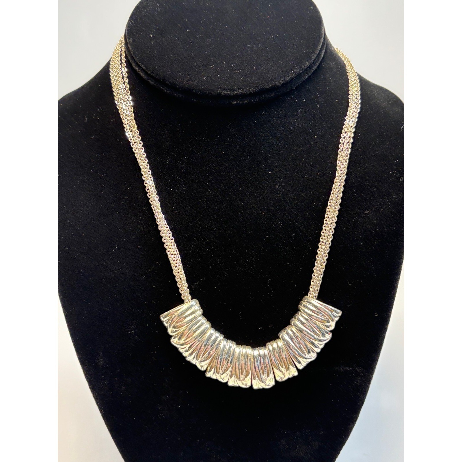 Chunky Brutalist Necklace In Silver Tone with Silver Tone Pendant Beads 18 in