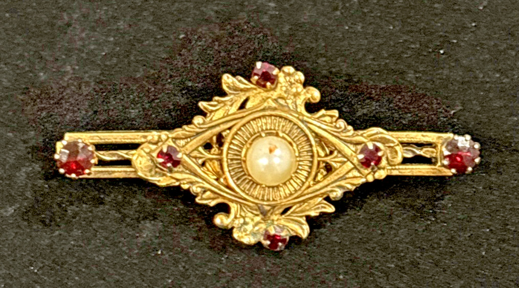 Original By Robert Pin Brooch w/ Faux Pearls Faux Garnet / Ruby Prong Set 2″