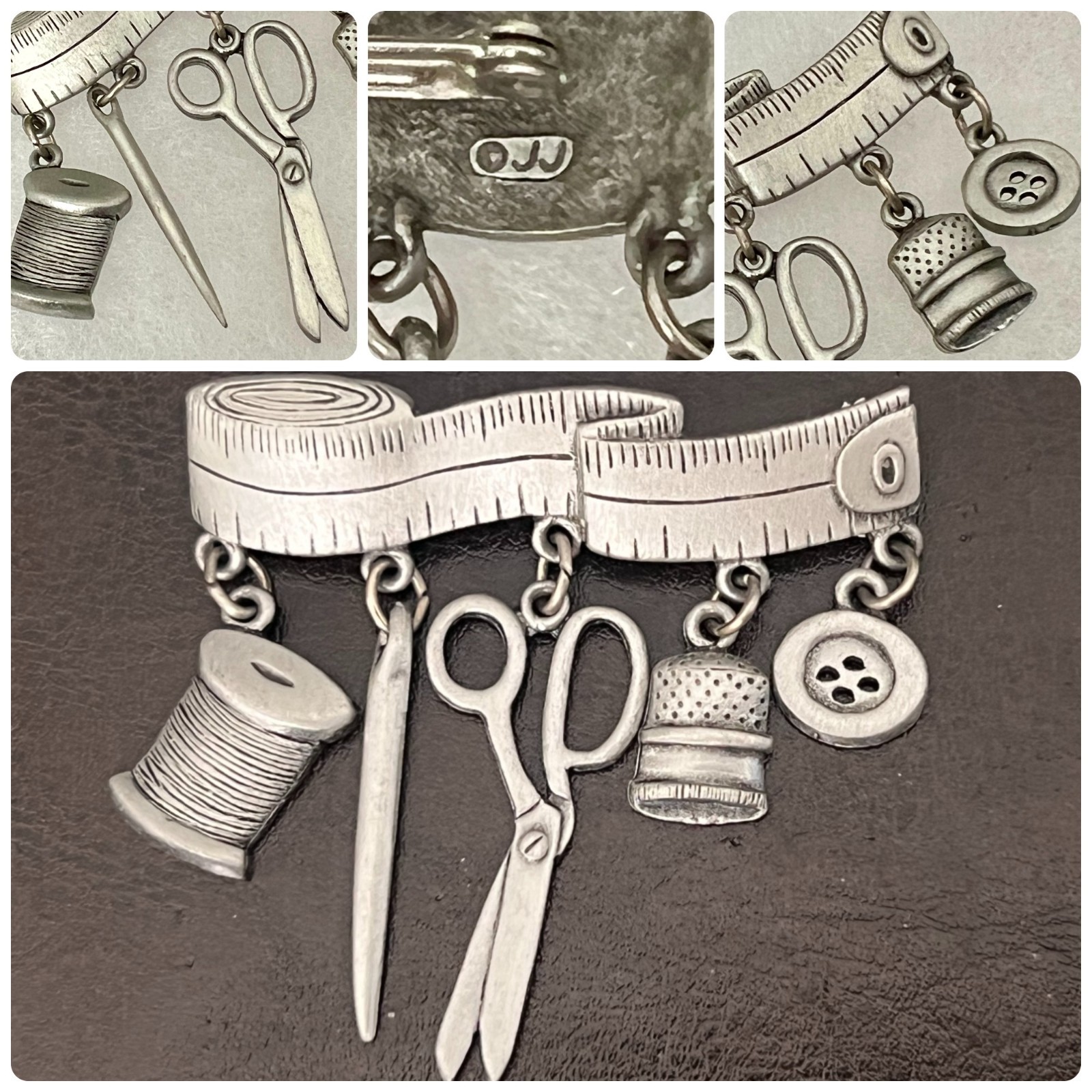 Vintage 80s Sewing Brooch Charms on Tape Measure Signed JJ Silver Tone Lapel Pin