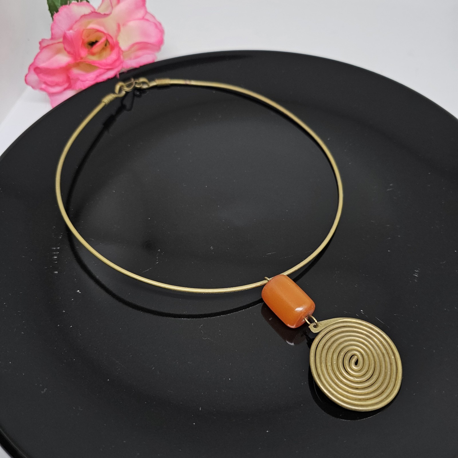 African Amber Brass Spiral Pendant Necklace Butterscotch Phenolic Resin Tribal