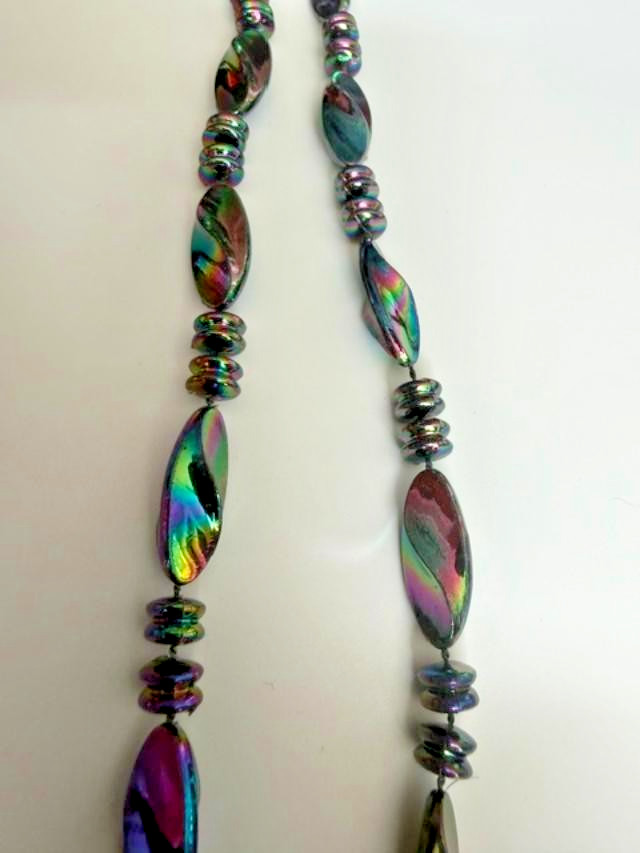 36″ Rainbow Iridescent Bead Necklace Long Costume Jewelry