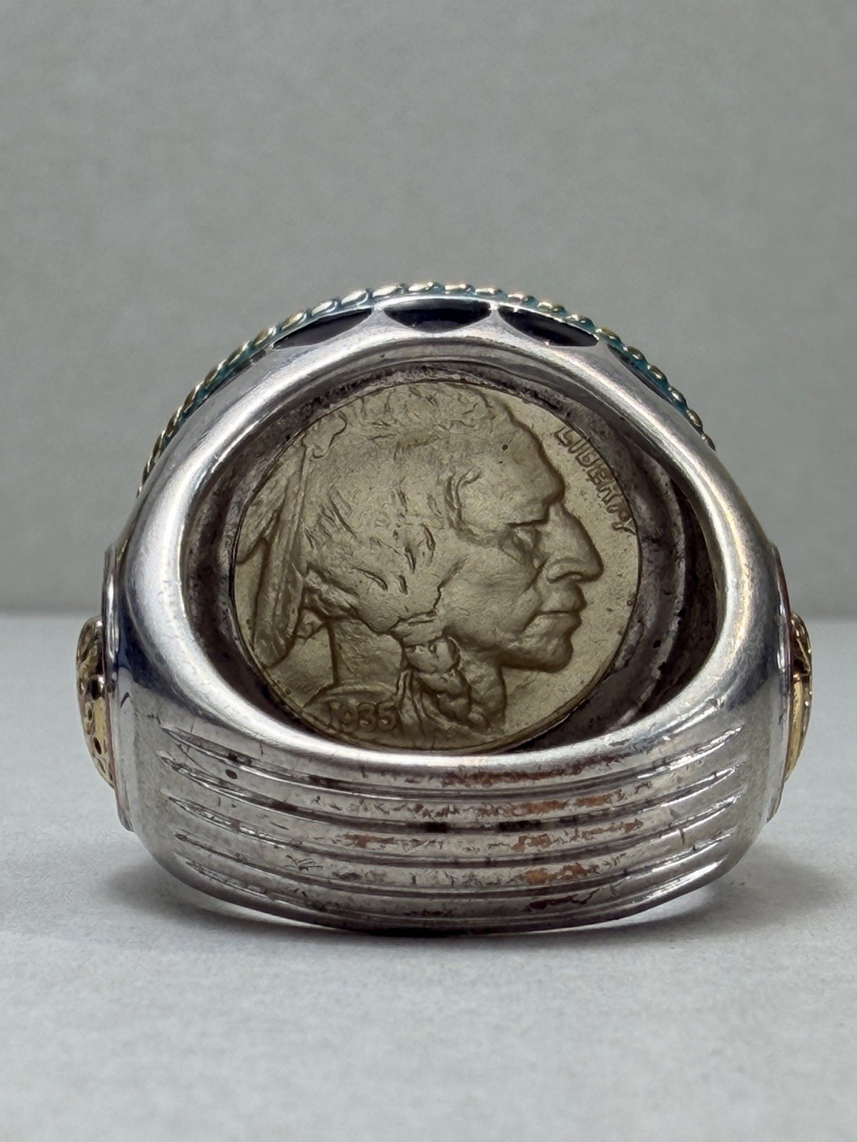 Vintage Buffalo Nickel Style Statement Ring Silver Tone Sz 11