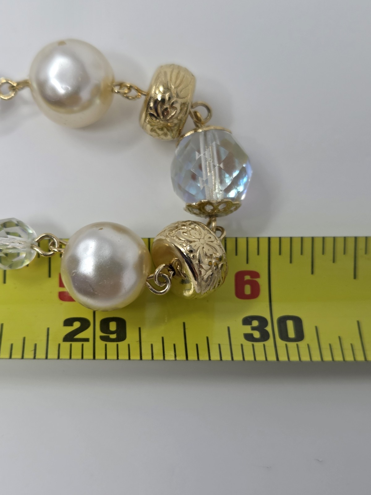 Gold Tone AB Crystal & Faux Pearl Chain Necklace 60 Inches Long Vintage