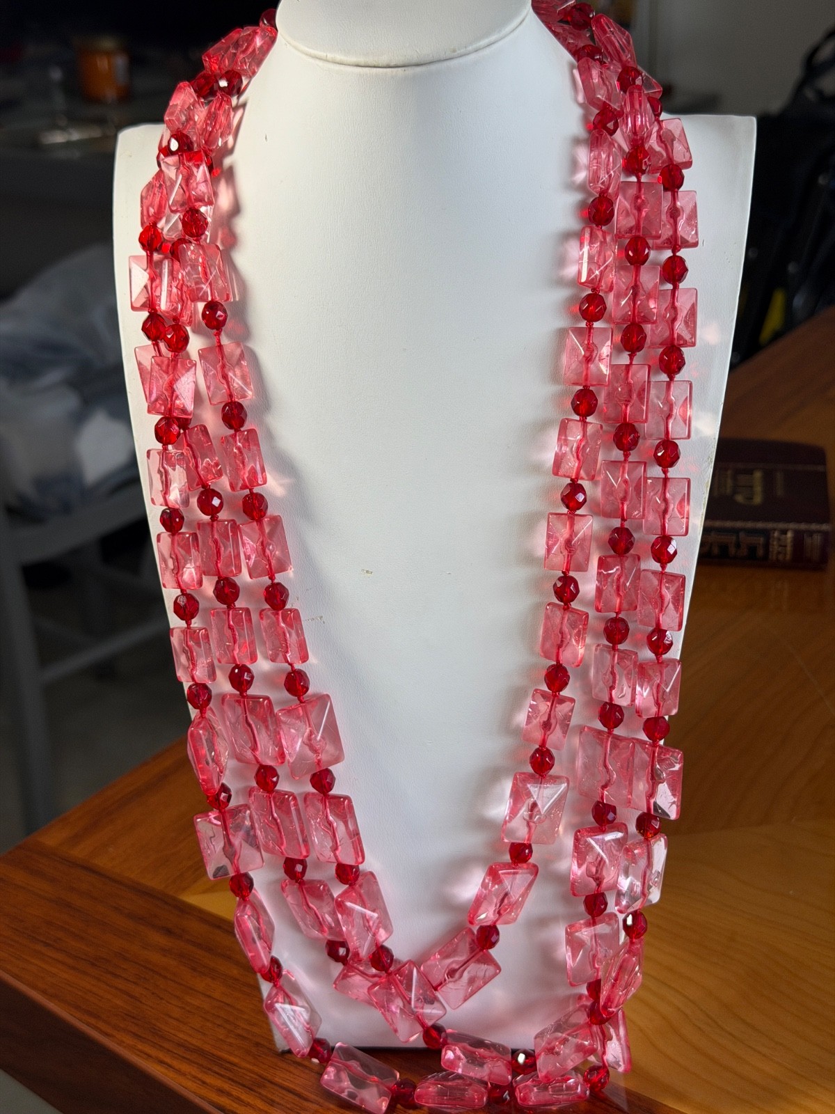 Vintage Pink & Ruby Red Lucite Acrylic Necklace 16” triple Strand statement