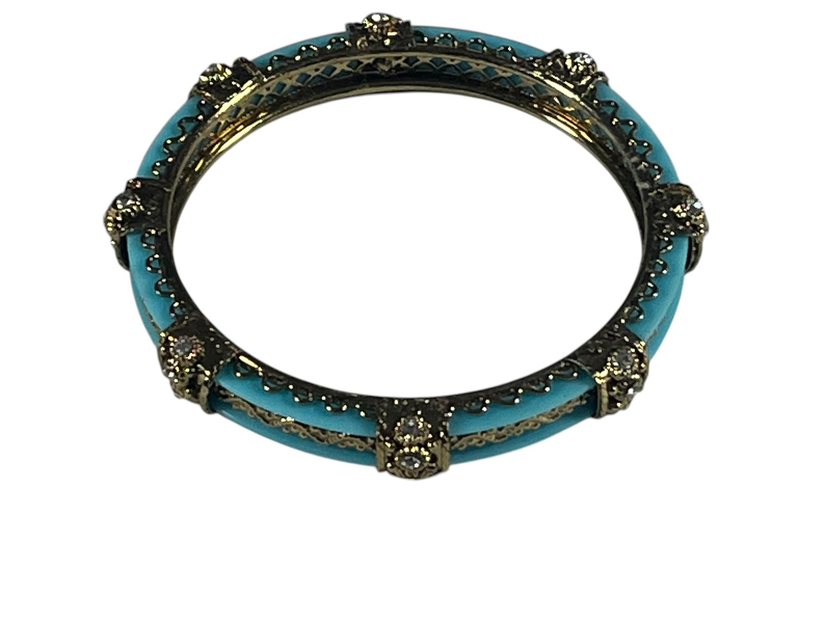 Vintage Gold Tone Turquoise Blue Enamel Rhinestone Hinged Bangle 3″ Bracelet