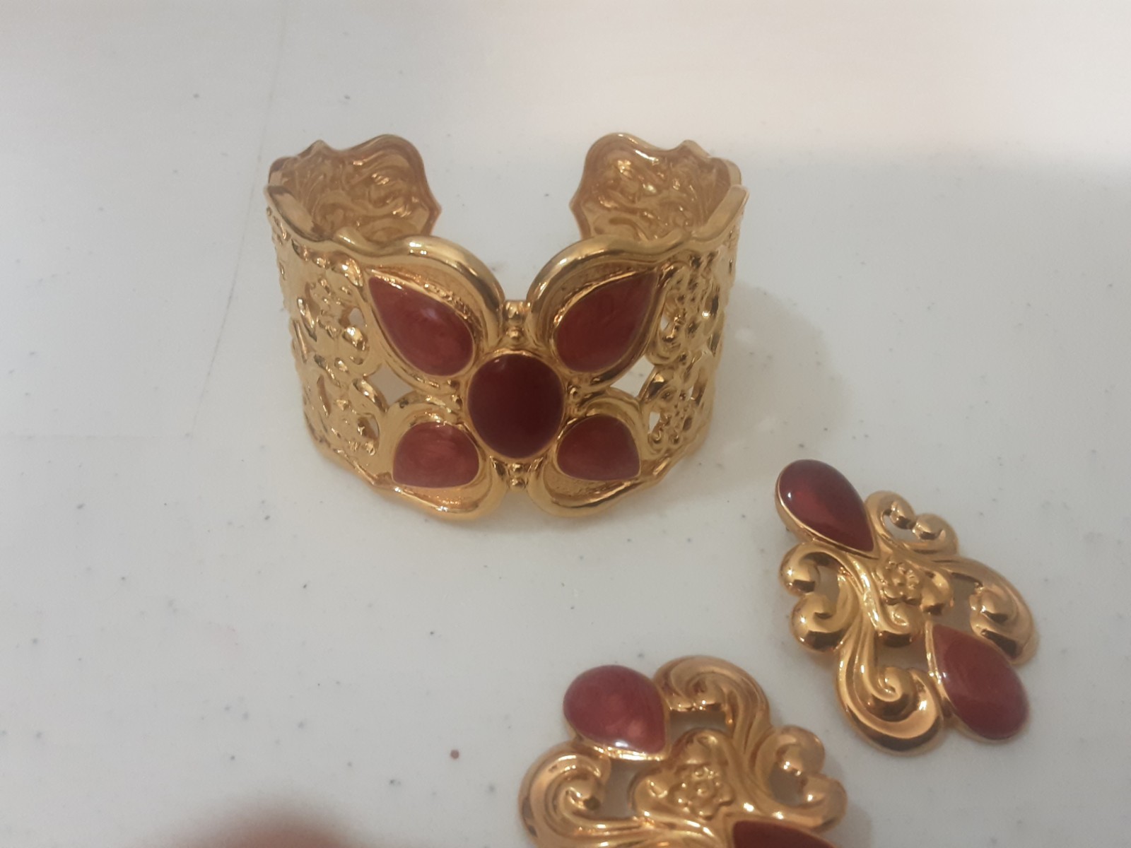 Artful Expression Gold Tone Cuff Bracelet Earrings Set [Possibly Avon not sure]
