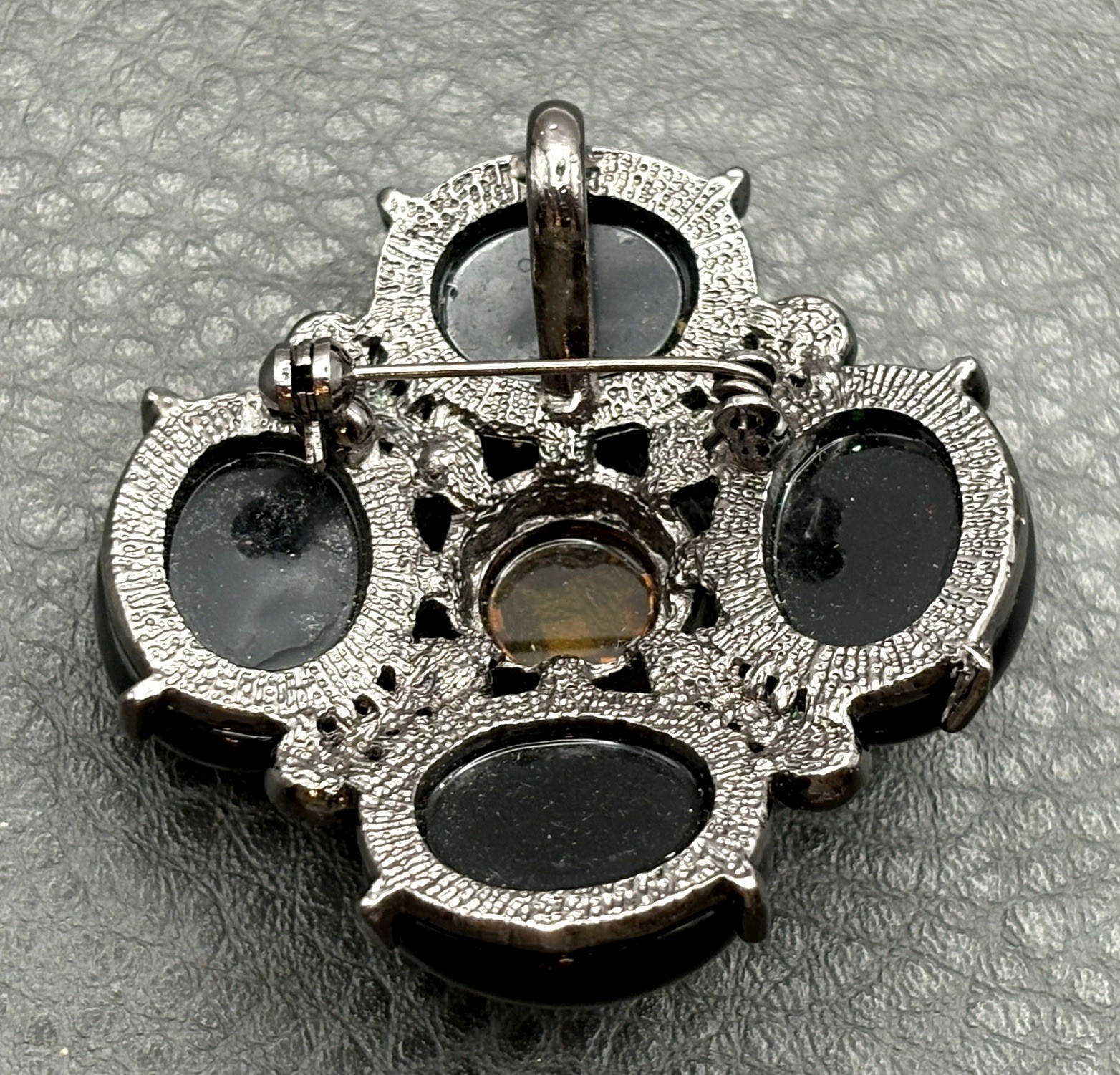 Vintage Black Faux Onyx & Faux Topaz Rhinestone Crystal Brooch Pin Pendant