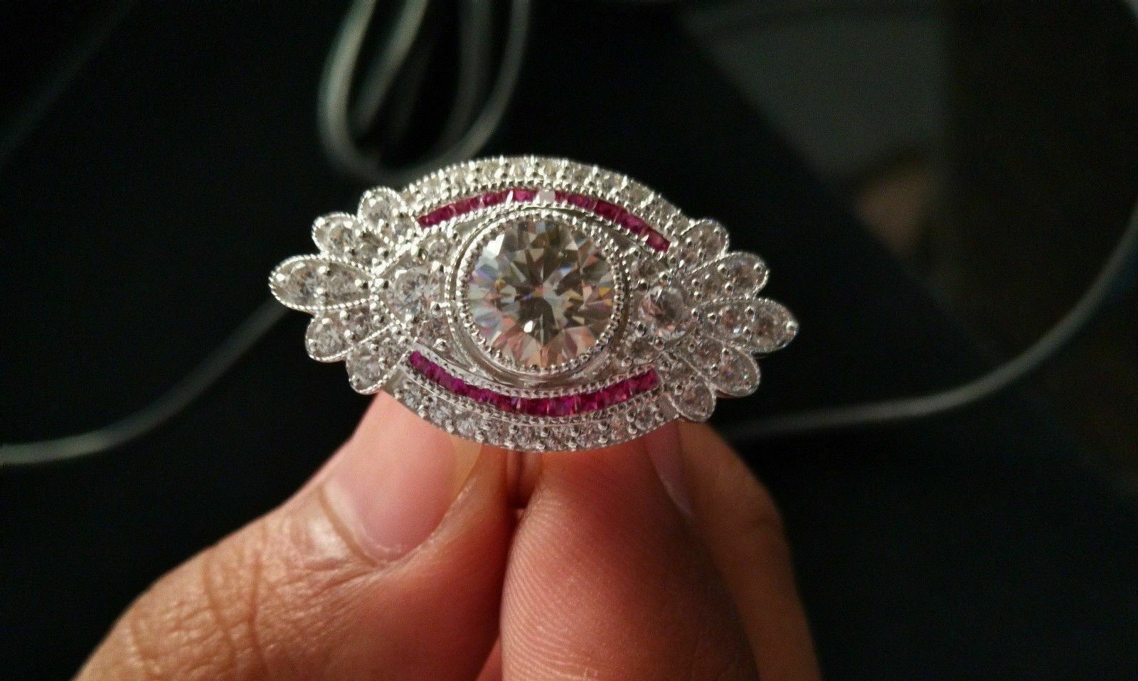 Round 3CT Lab Created Diamond Vintage Art Deco Red Ruby Accent Ring 14K Gold FN