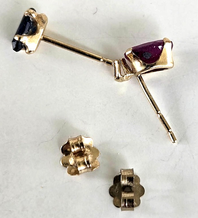 2 Vintage 14K Ruby/Spinel & Sapphire Pierced Single Stud Earrings .55 grams